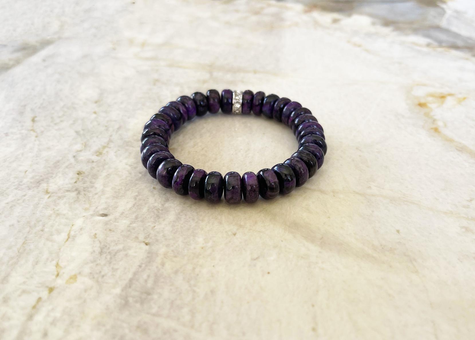 Women's or Men's African Sugilite and Swarovski Crystal 10mm Rondelle Beaded Stretch Bracelet