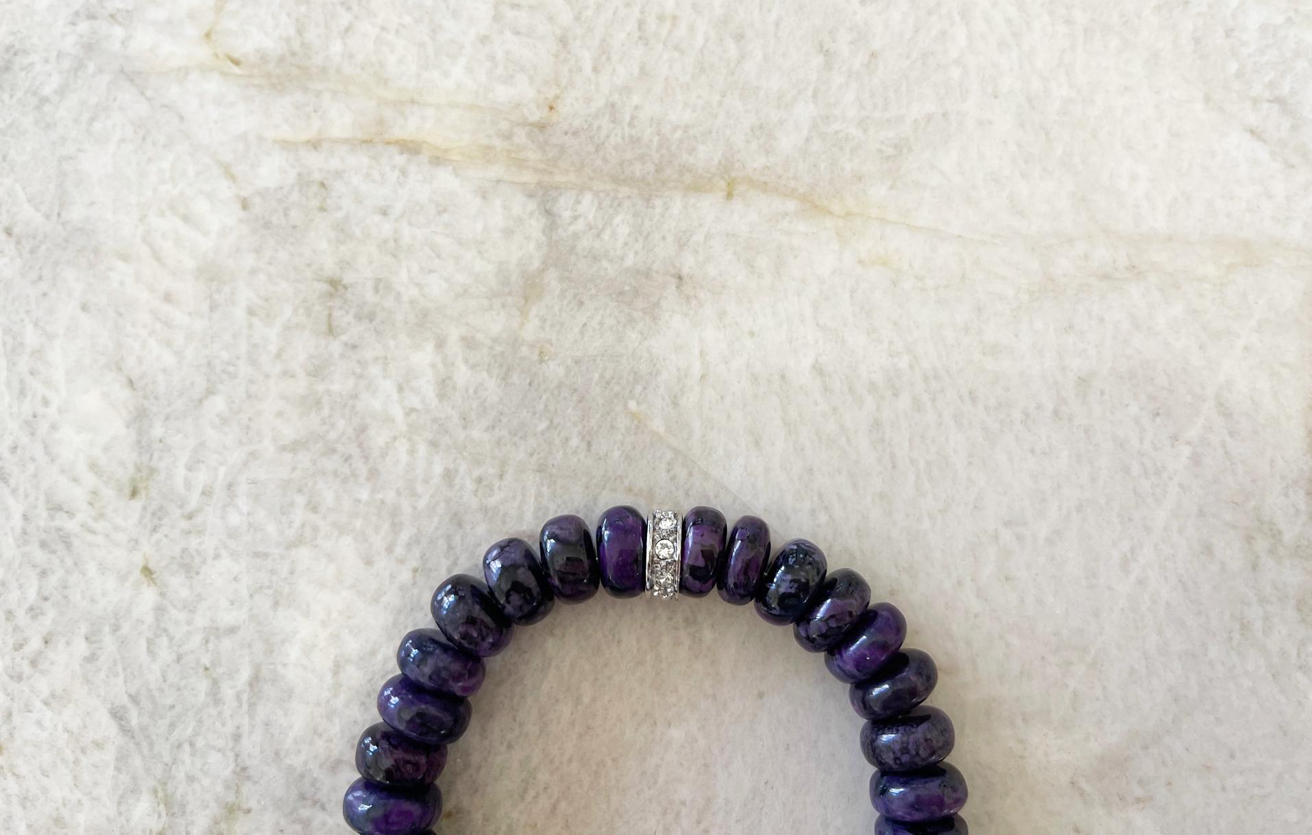 African Sugilite and Swarovski Crystal 10mm Rondelle Beaded Stretch Bracelet 1