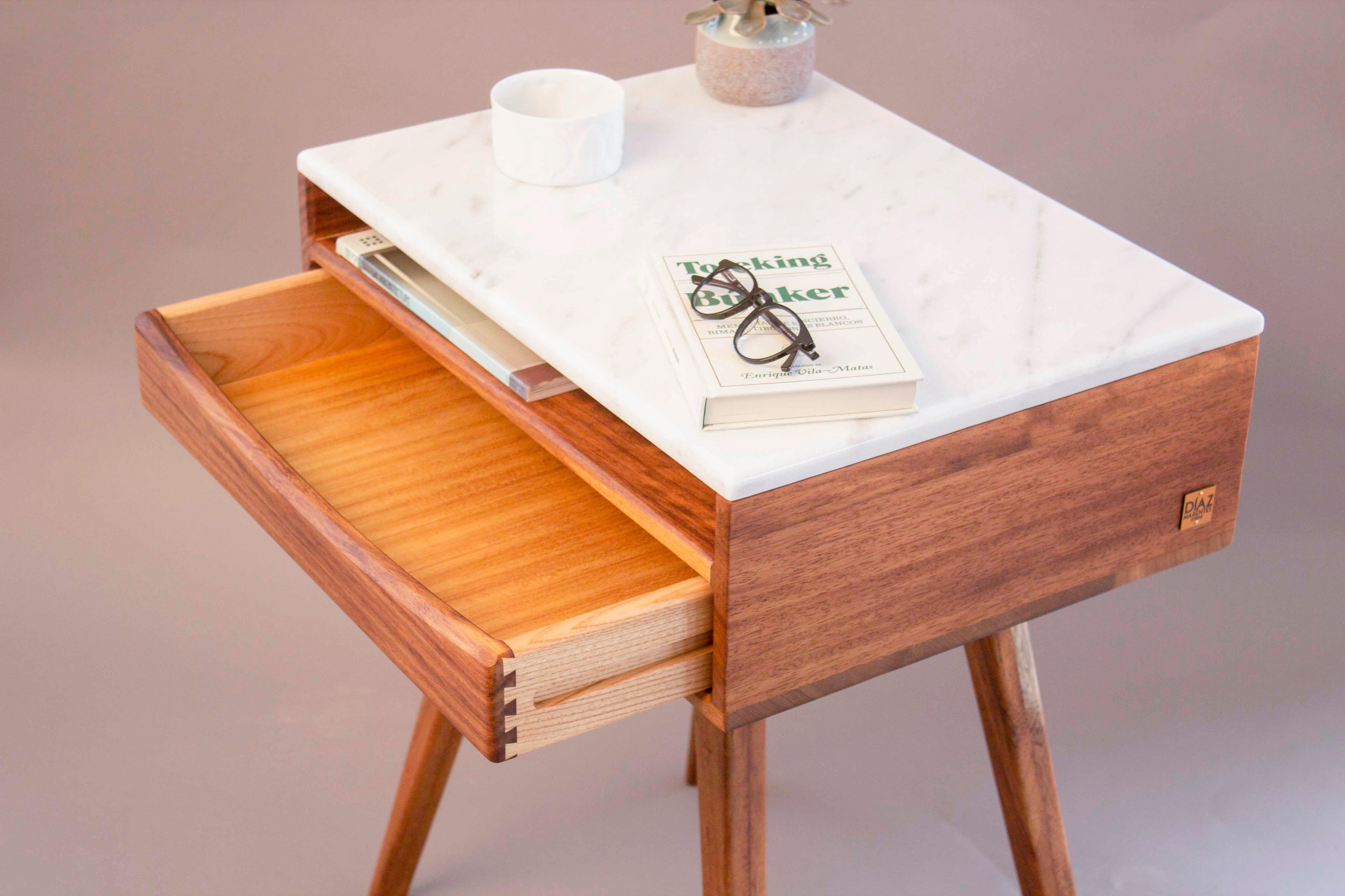 Mid-Century Modern African Teak and Marble Nightstand – Handcrafted Contemporary Design For Sale
