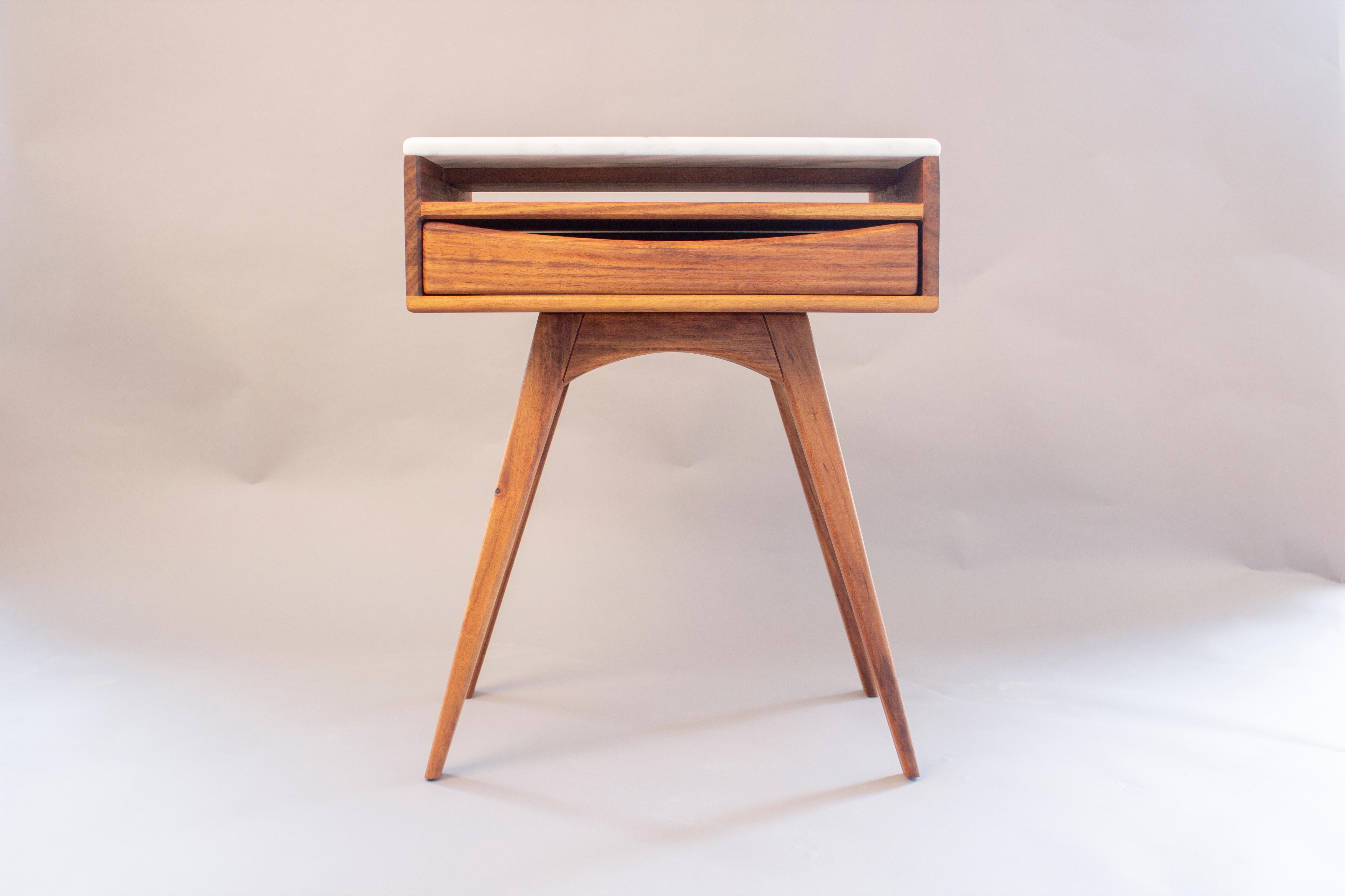Spanish African Teak and Marble Nightstand – Handcrafted Contemporary Design For Sale