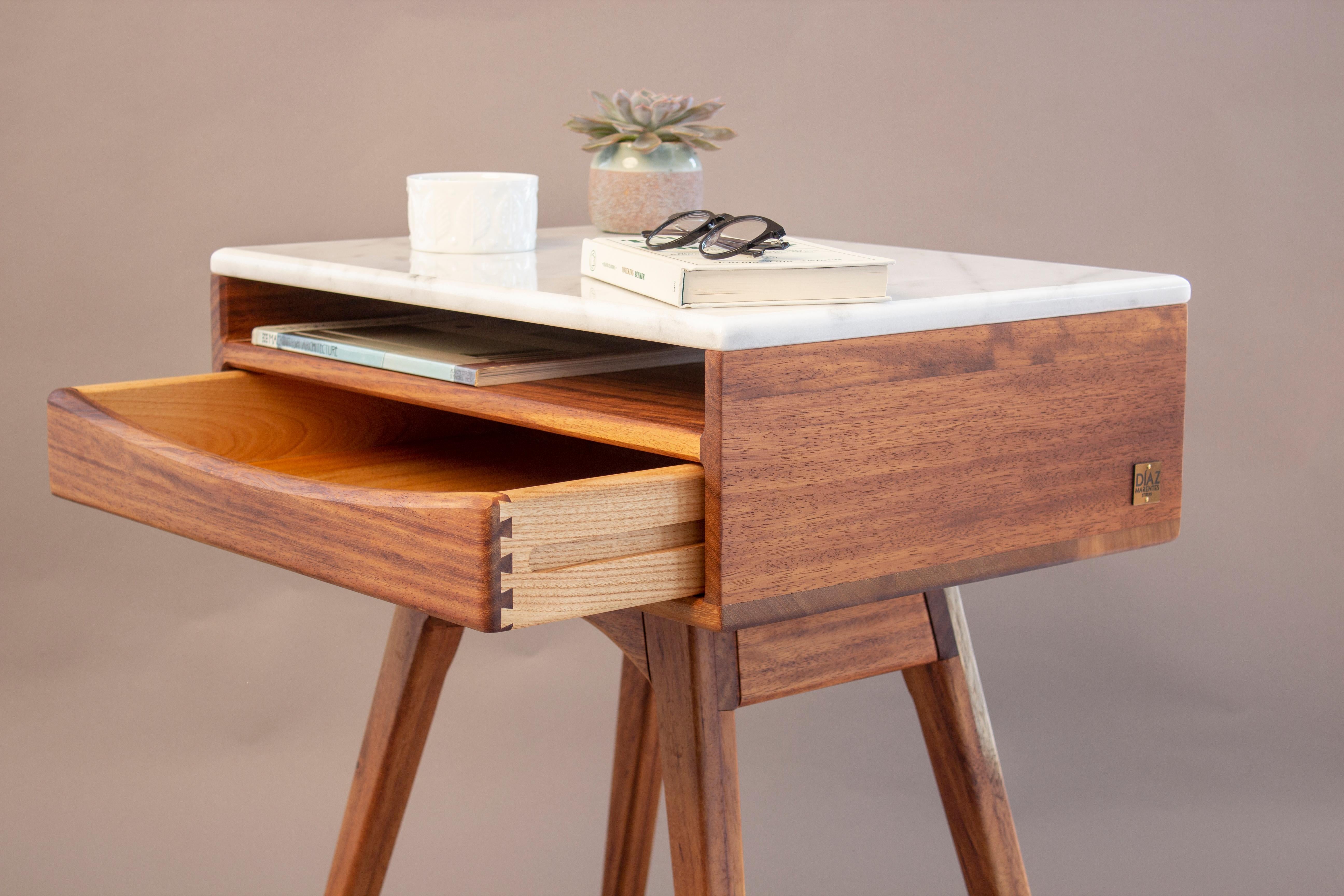 Oiled African Teak and Marble Nightstand – Handcrafted Contemporary Design For Sale