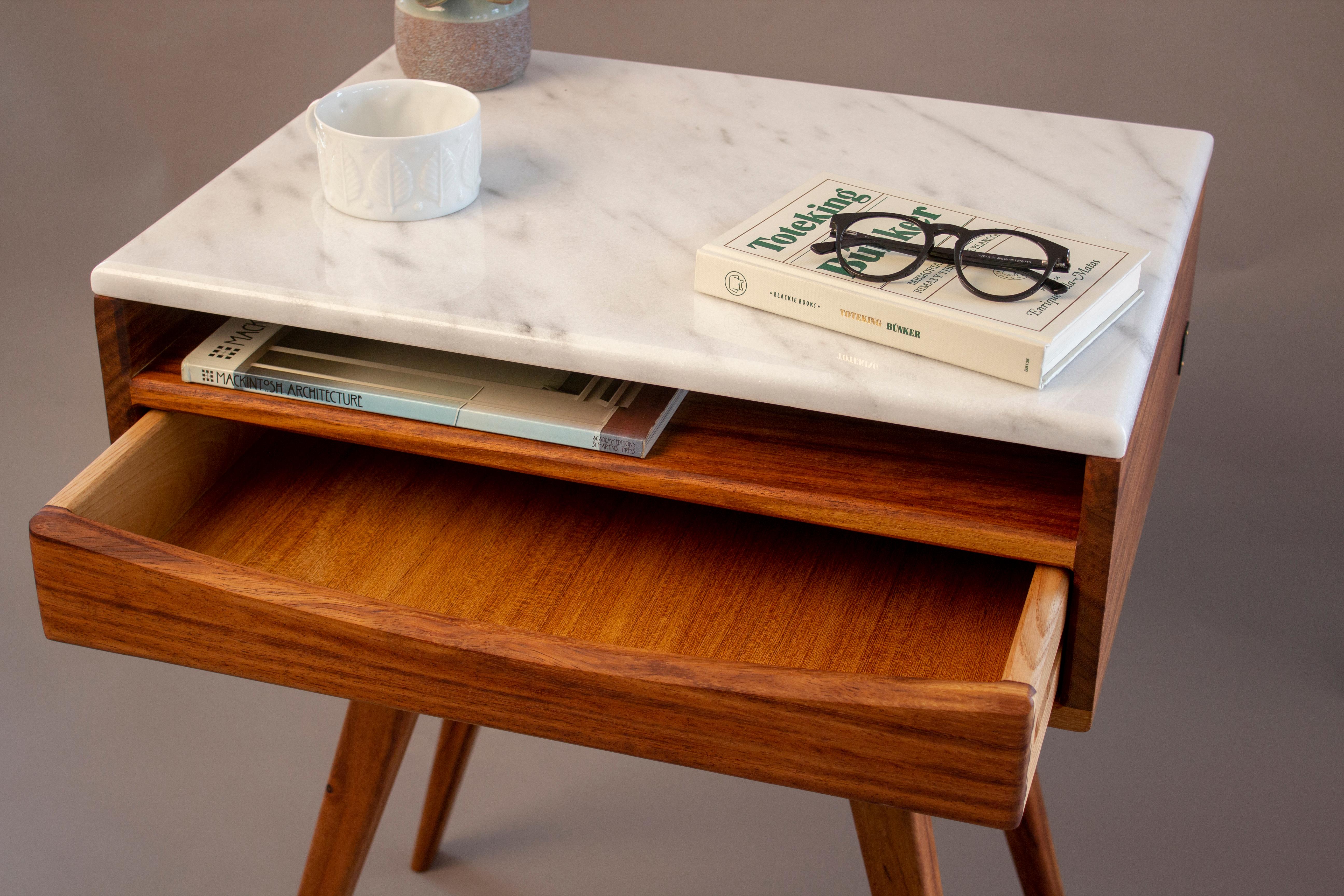 African Teak and Marble Nightstand – Handcrafted Contemporary Design For Sale 1
