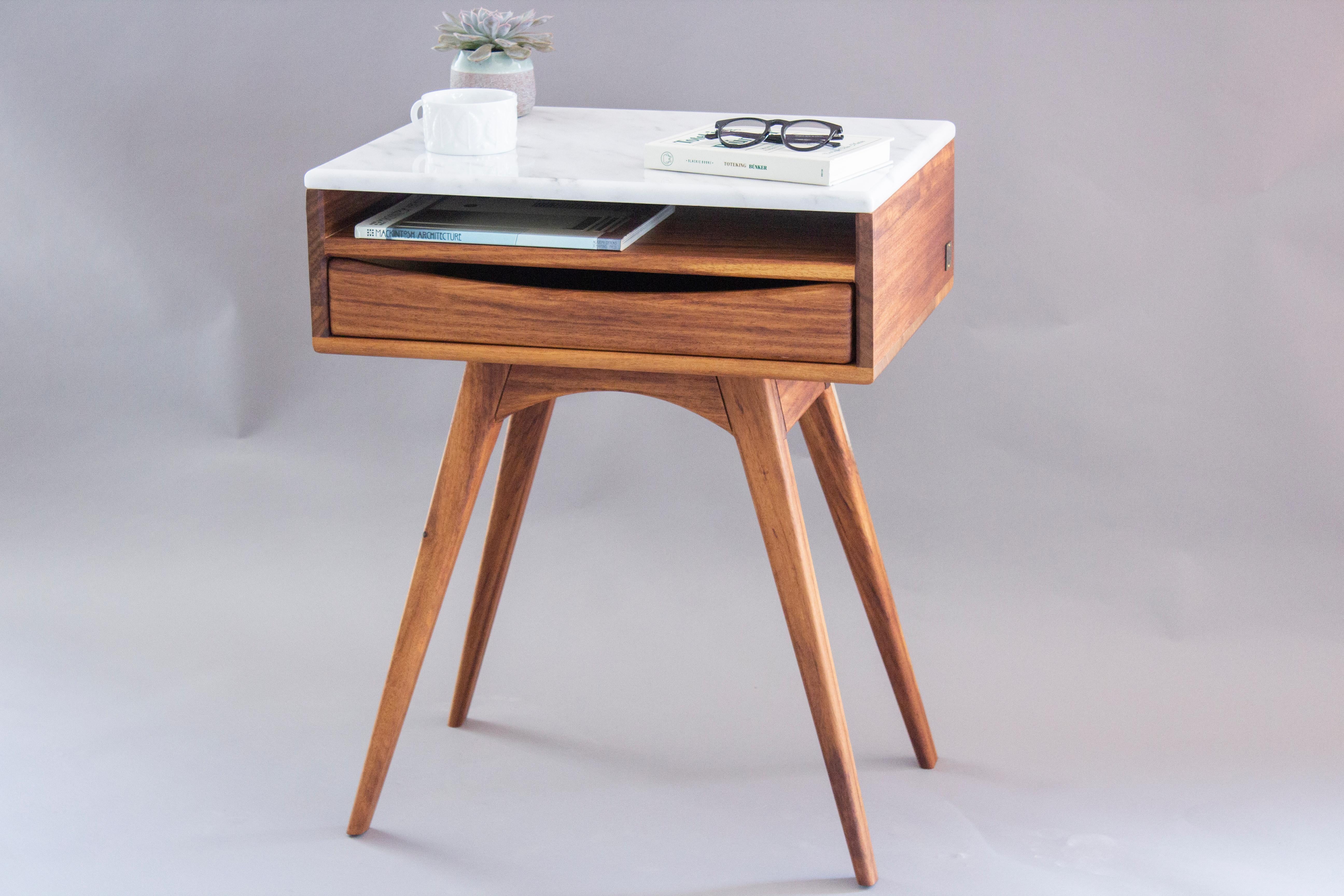 African Teak and Marble Nightstand – Handcrafted Contemporary Design For Sale 3