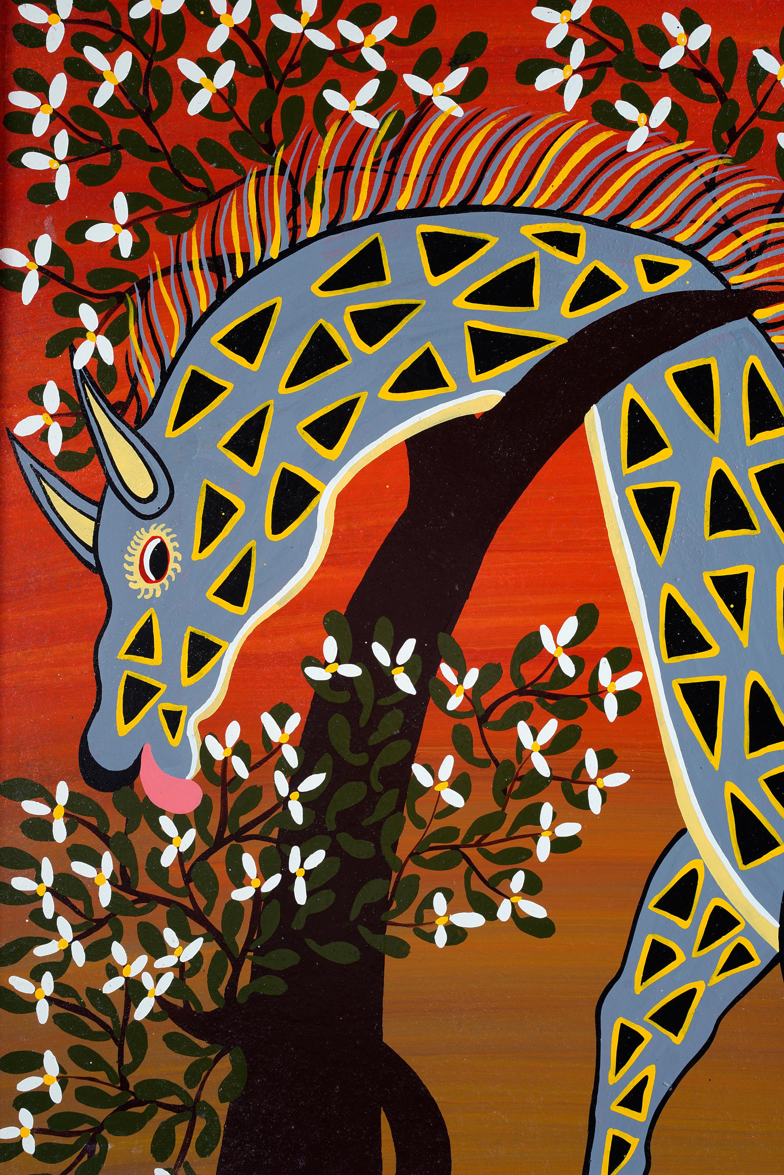A Tingatinga painting by unknown artist from 1978. Signed Mariin. It is painted on masonite and has a thin black frame. 

Naive motif in bold colours with giraffe eating from a tree.

The painting has minor color loss, scratches and marks. Frame