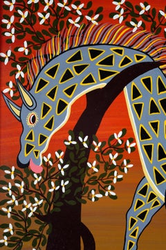 African Tingatinga school, oil painting of a giraffe, 1978