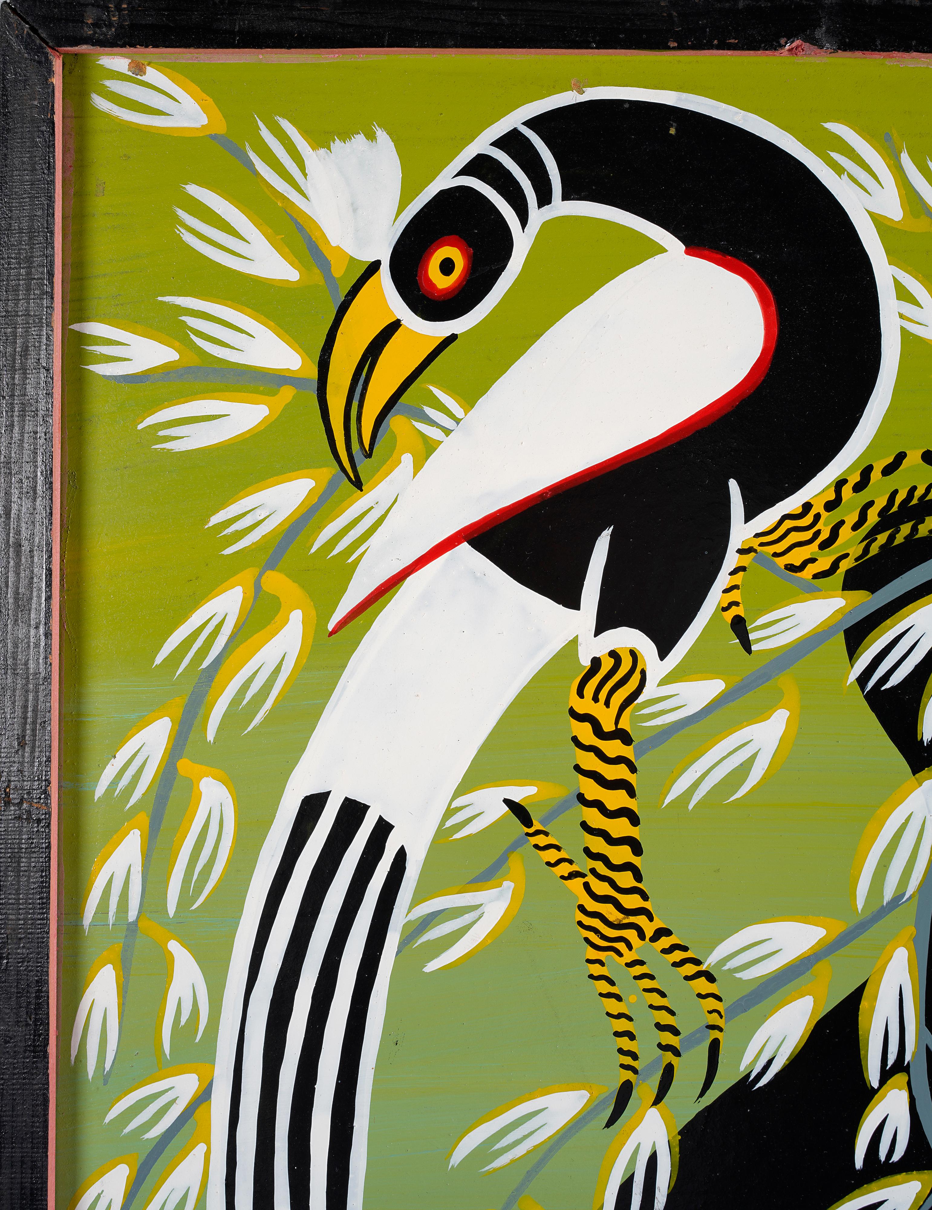 Modern African Tingatinga school, oil painting of two bird, signed Massani 1978 For Sale