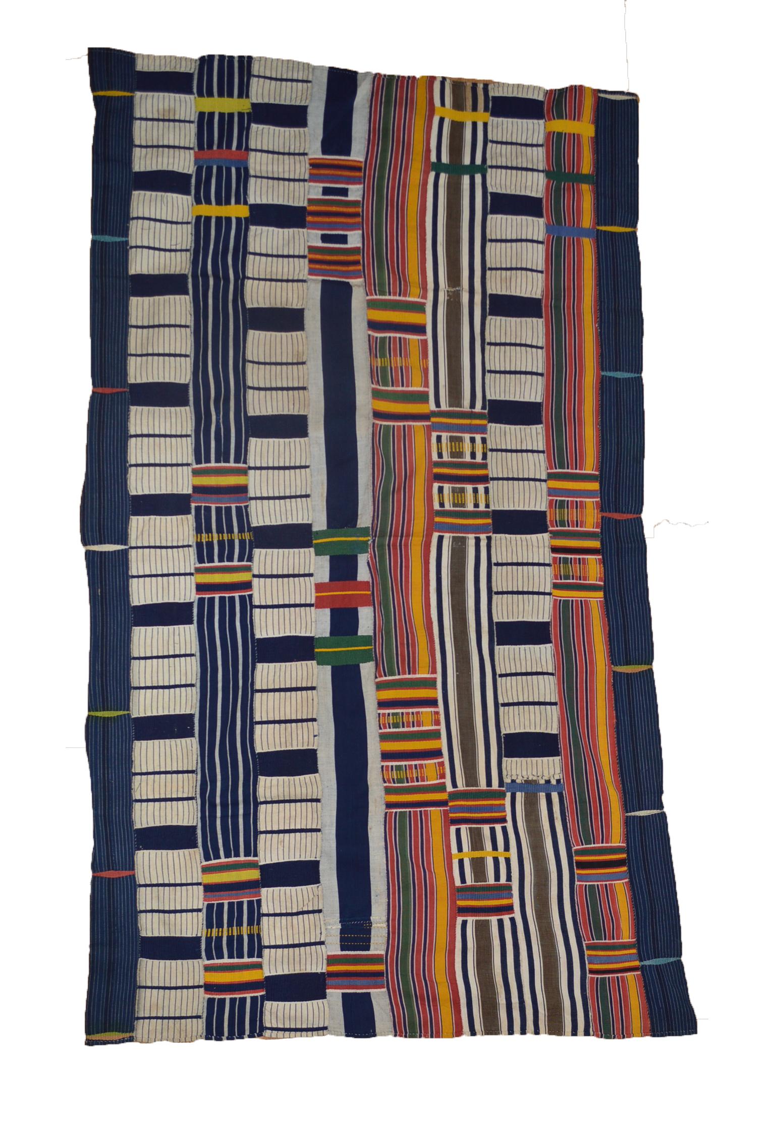 Ewe Kente cloth Ghana Togo
The small fine kente cloth made from sections of strips of material made on a strip loom
This kente cloth would have been made for a young girl who would have acted as the Royal escort
at an important event and uses colors