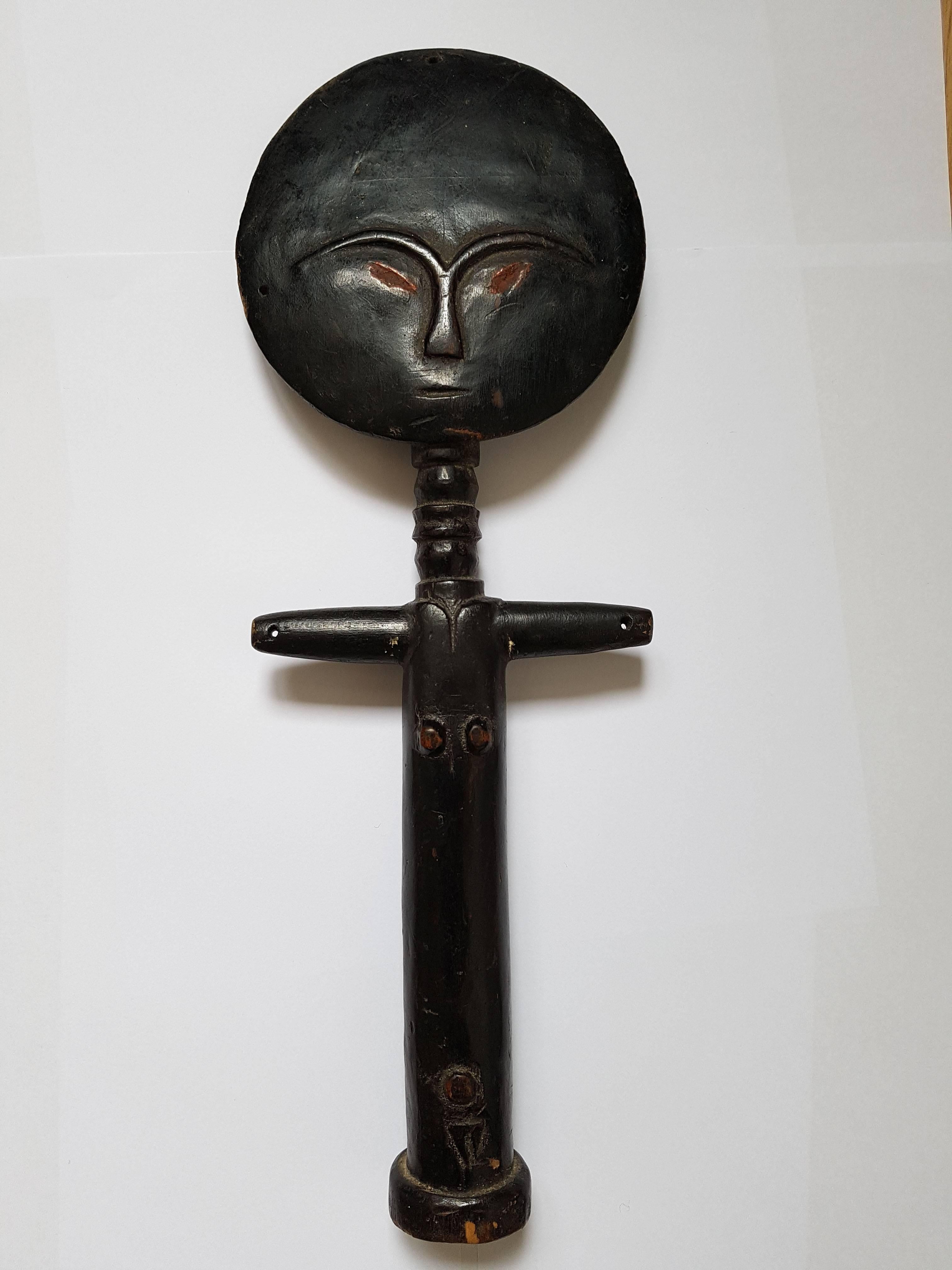 A fine old Ashante Ahua ba fertility figure Ghana

Measures: Height 28 cm

Period: early 20th century

Hard wood with blacked surface 

Provenance: ex UK collection Scotland

The Ashante 'Akua ba' remains one of the most recognizable forms