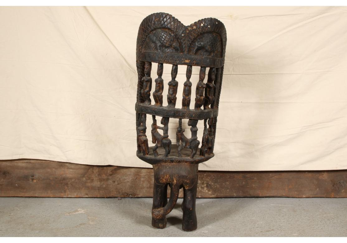 African Tribal Carved Wood High Back Chair  In Good Condition For Sale In Bridgeport, CT
