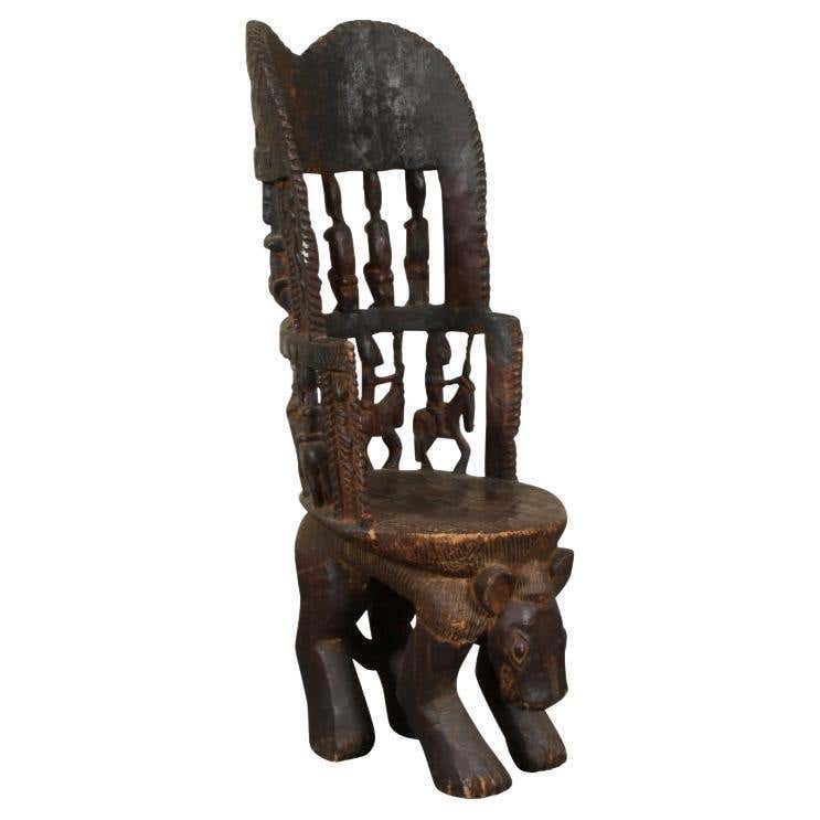 African Tribal Carved Wood High Back Chair For Sale at 1stDibs