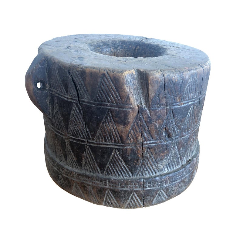 African Tribal Coffee Mortar in Carved Wood from the Kaffa People in