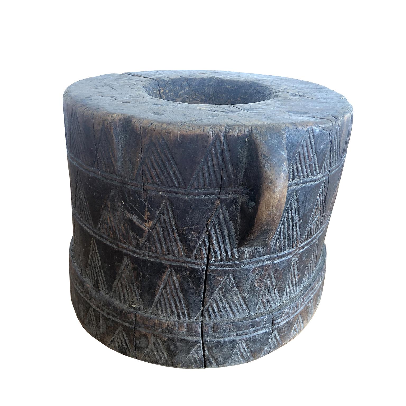 Hand-Carved African Tribal Coffee Mortar in Carved Wood from the Kaffa People in Ethiopia
