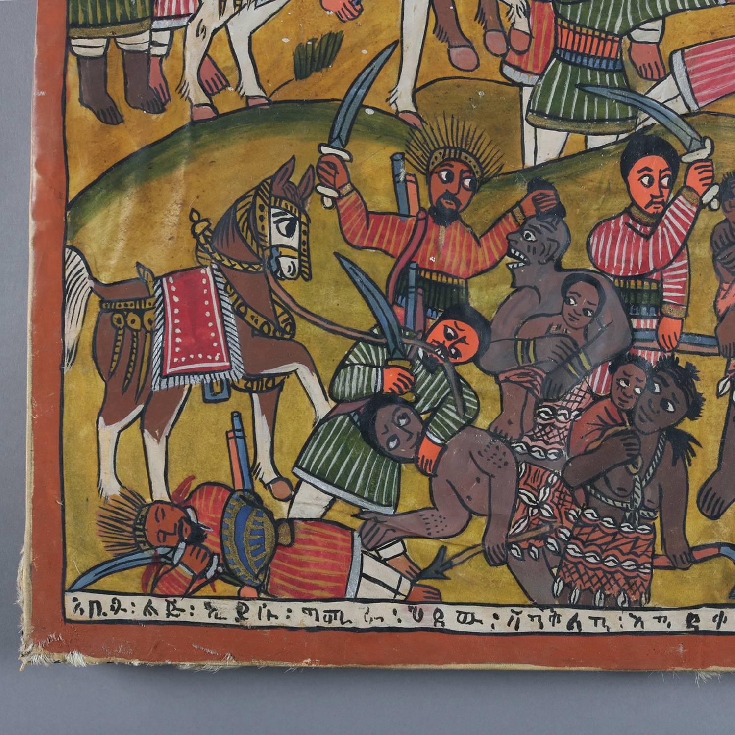 African Tribal Folk Art Oil on Hide of Battle during European Crusades 4