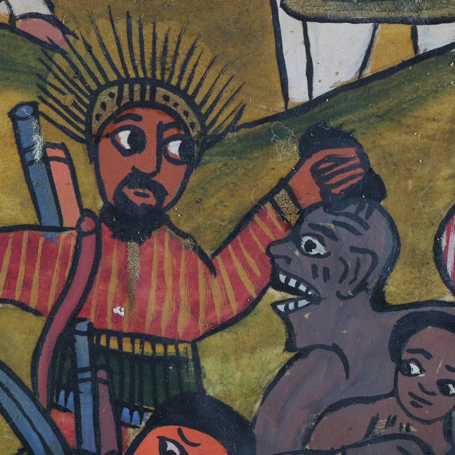 African Tribal Folk Art Oil on Hide of Battle during European Crusades 5