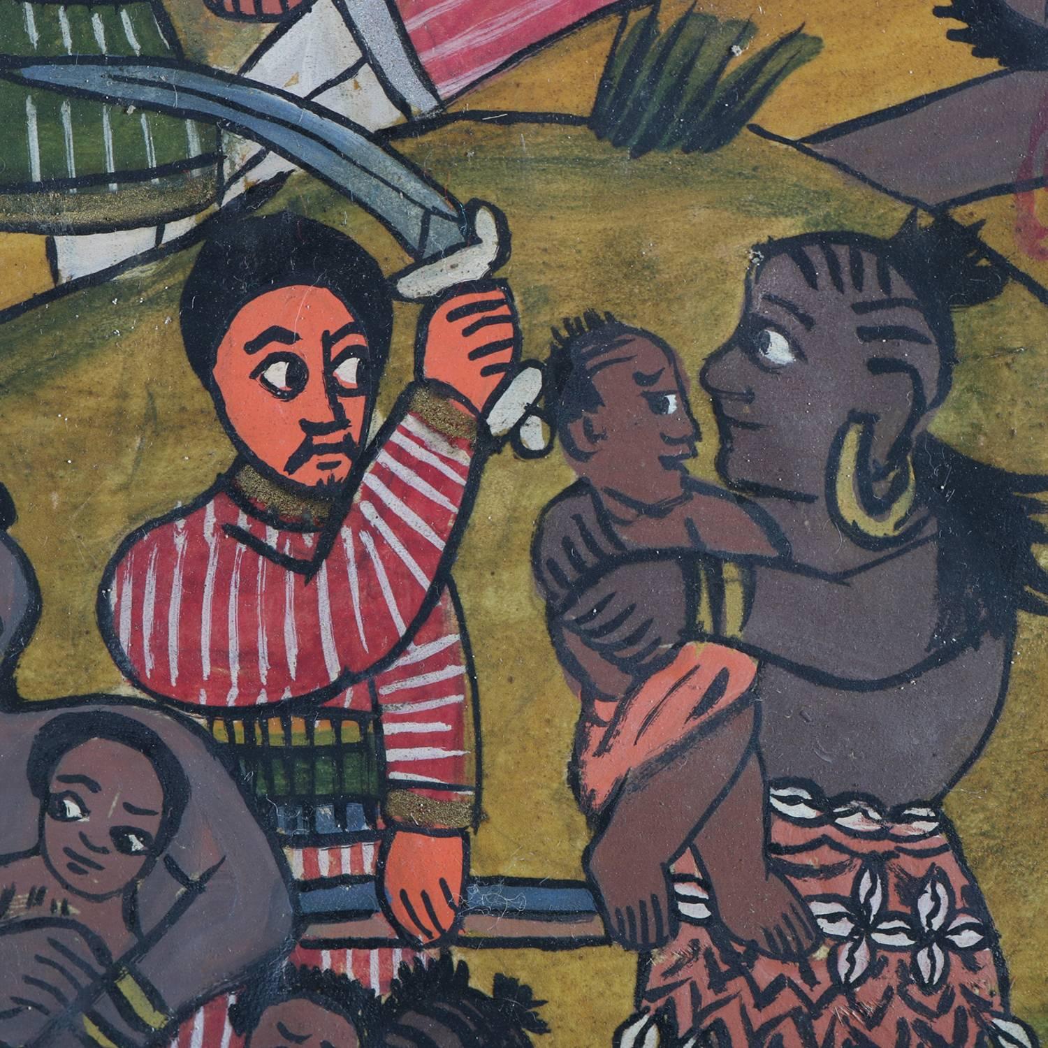 African Tribal Folk Art Oil on Hide of Battle during European Crusades 7