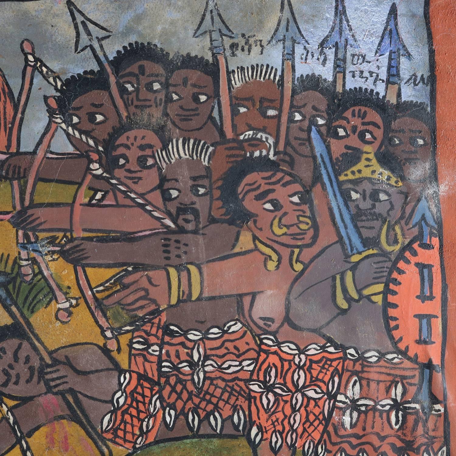 African Tribal Folk Art Oil on Hide of Battle during European Crusades 8