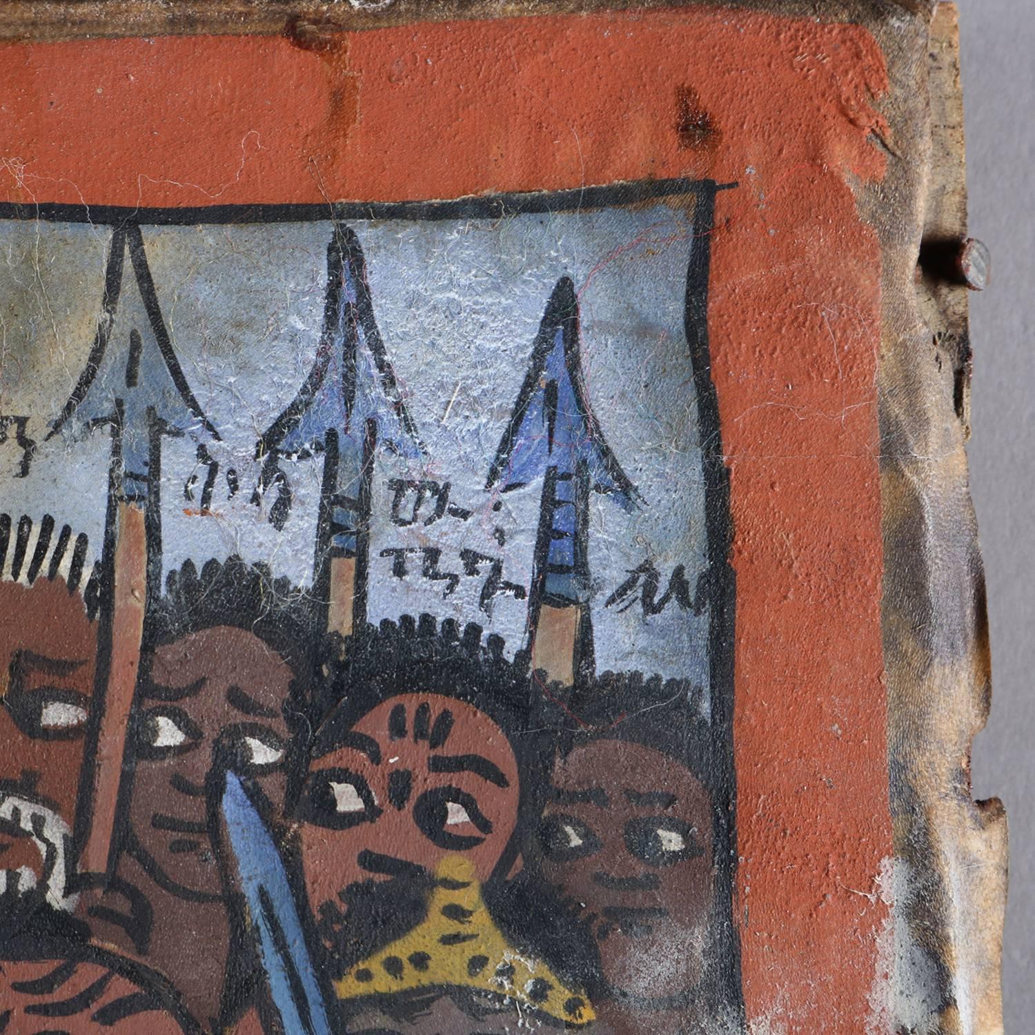 African tribal Folk Art painting features oil on hide depicting crusade battle scene between African nation and Europeans, unframed, 20th century.

***DELIVERY NOTICE – Due to COVID-19 we are employing NO-CONTACT PRACTICES in the transfer of