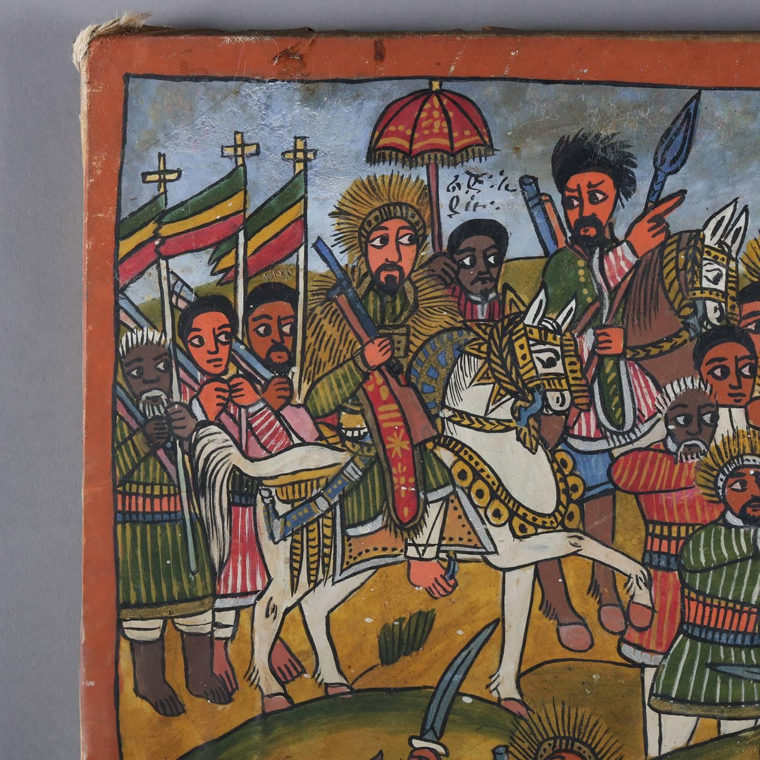 African Tribal Folk Art Oil on Hide of Battle during European Crusades In Good Condition In Big Flats, NY