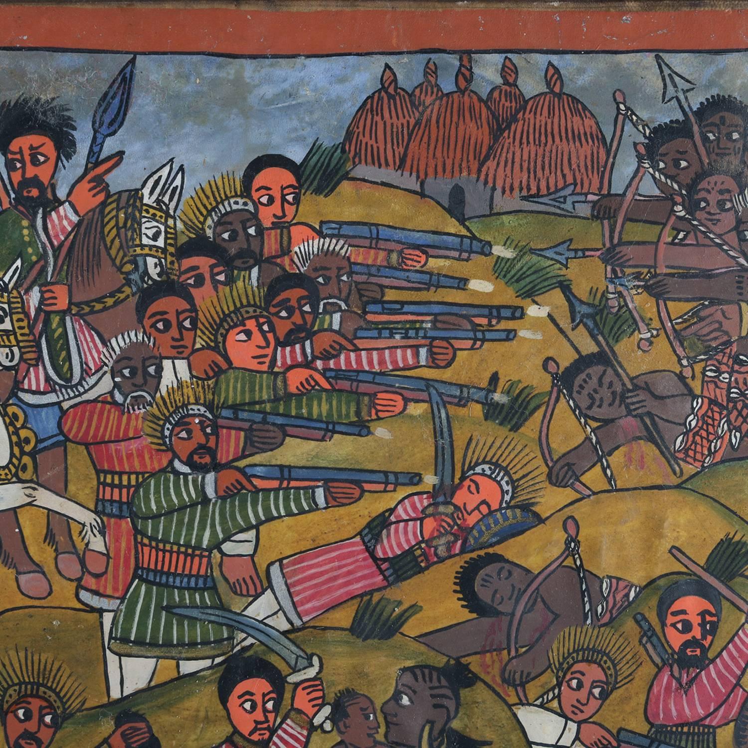 20th Century African Tribal Folk Art Oil on Hide of Battle during European Crusades