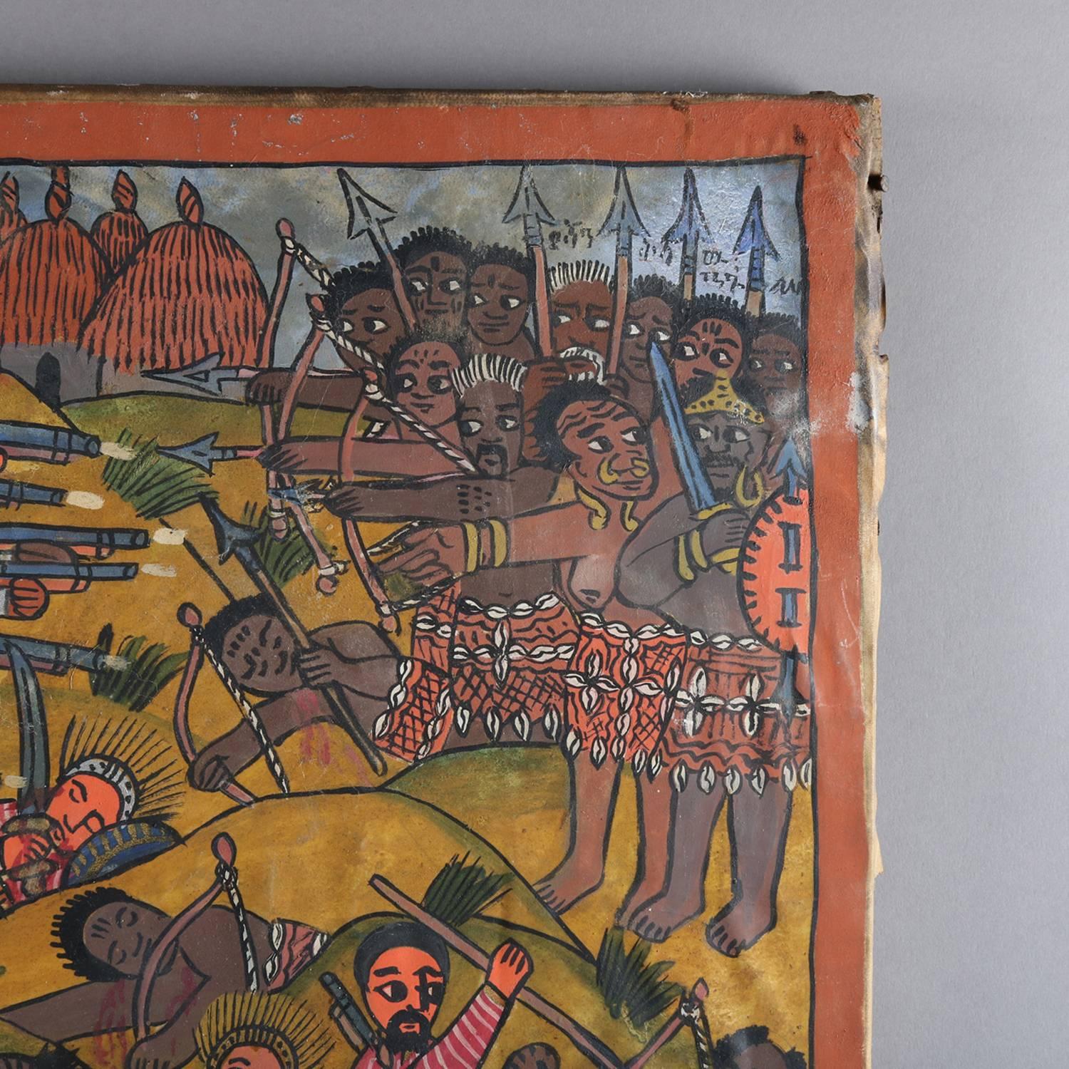 Canvas African Tribal Folk Art Oil on Hide of Battle during European Crusades