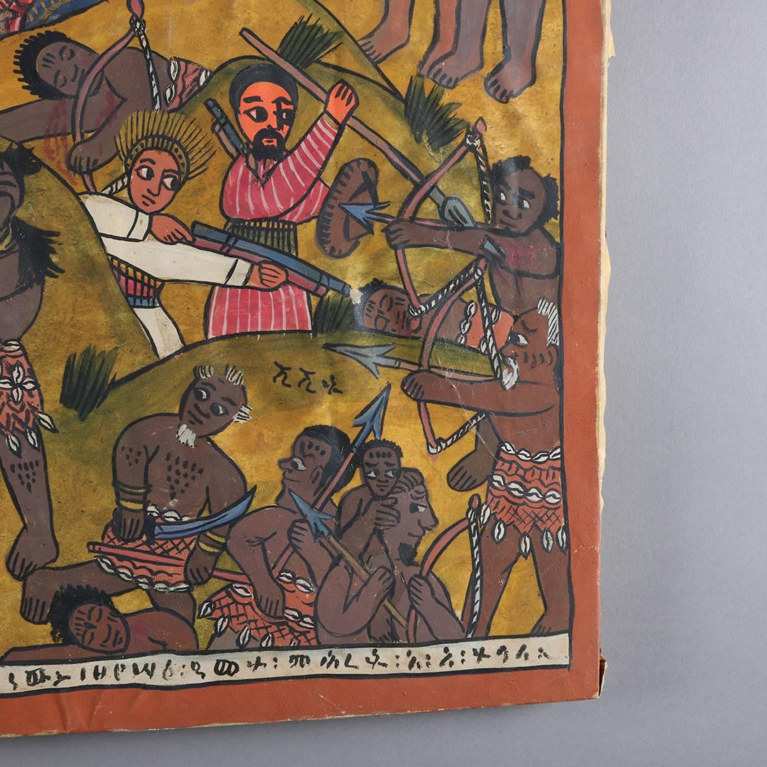 African Tribal Folk Art Oil on Hide of Battle during European Crusades 1