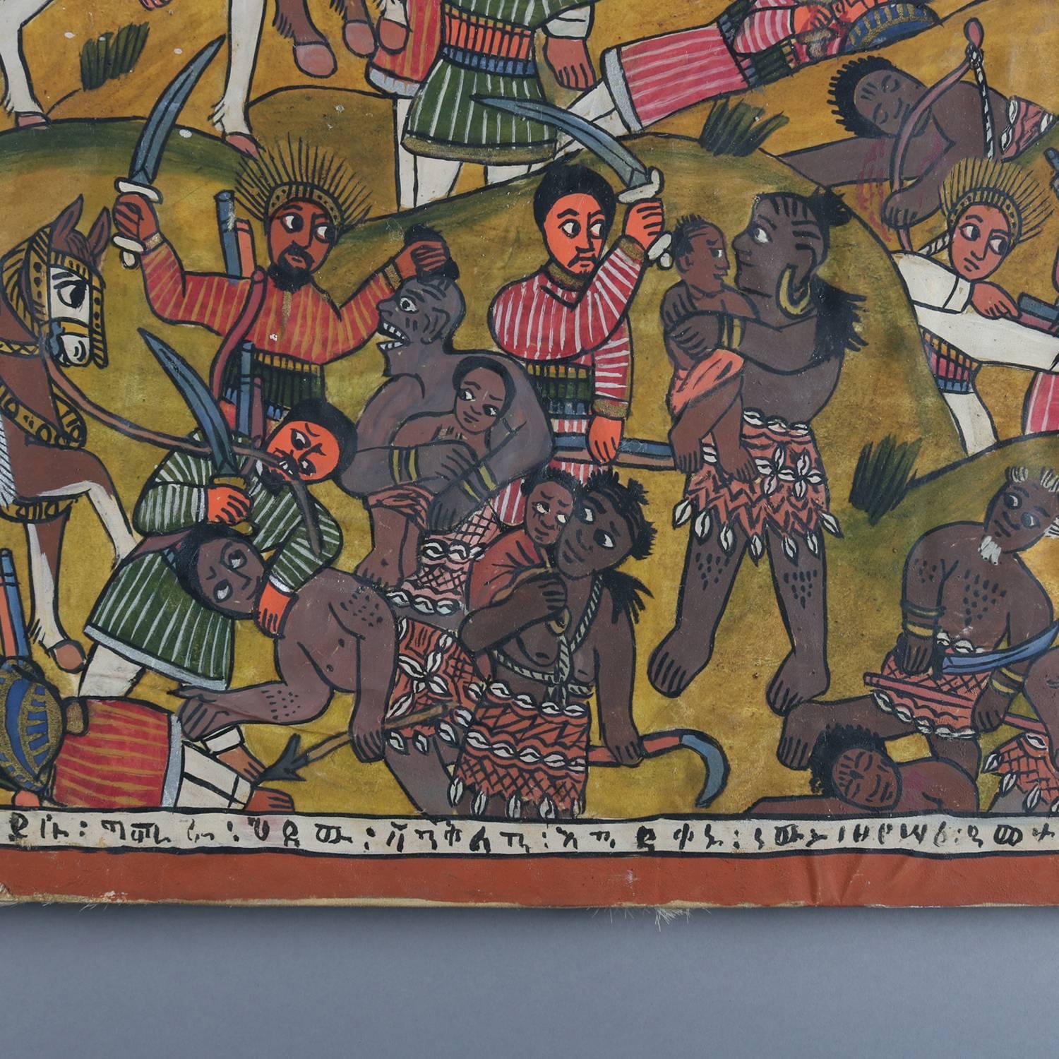 African Tribal Folk Art Oil on Hide of Battle during European Crusades 2