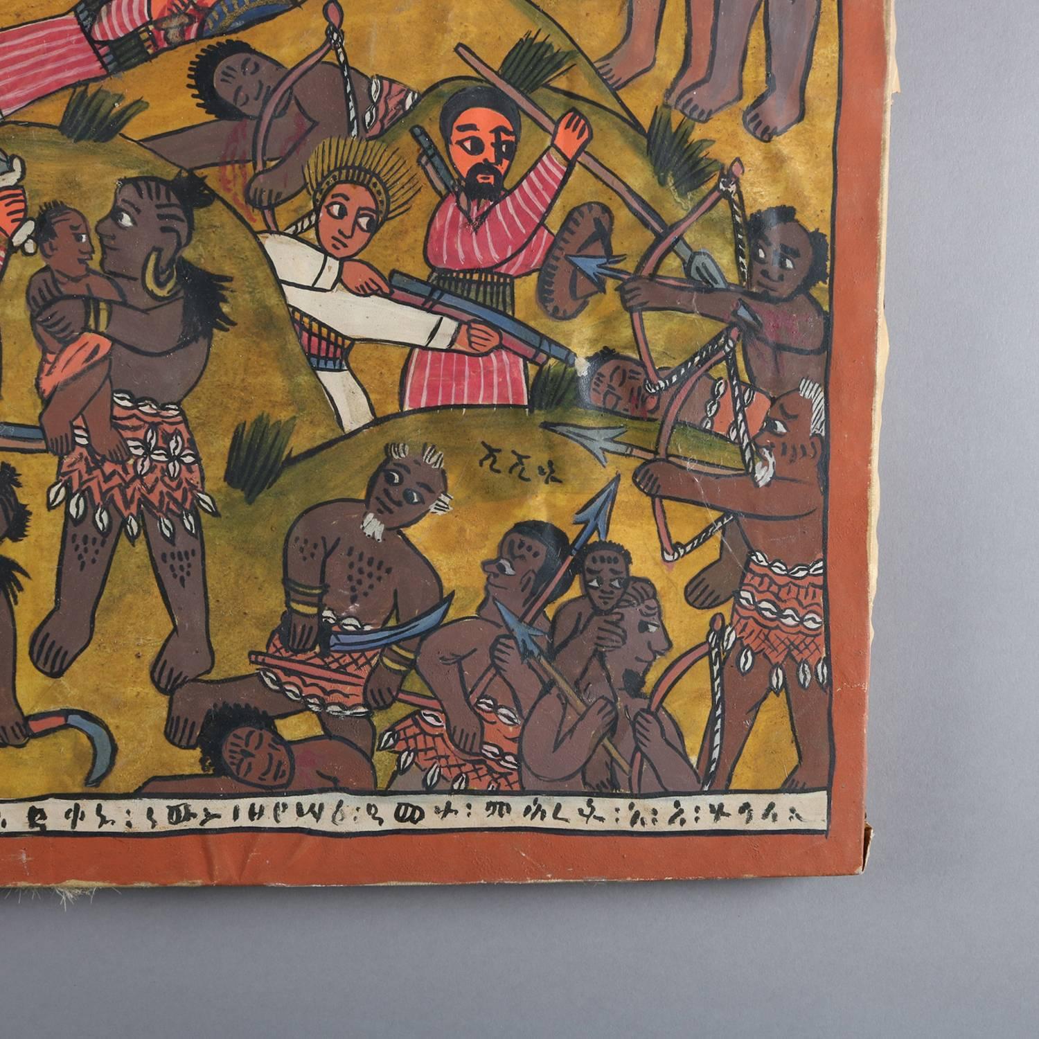African Tribal Folk Art Oil on Hide of Battle during European Crusades 3
