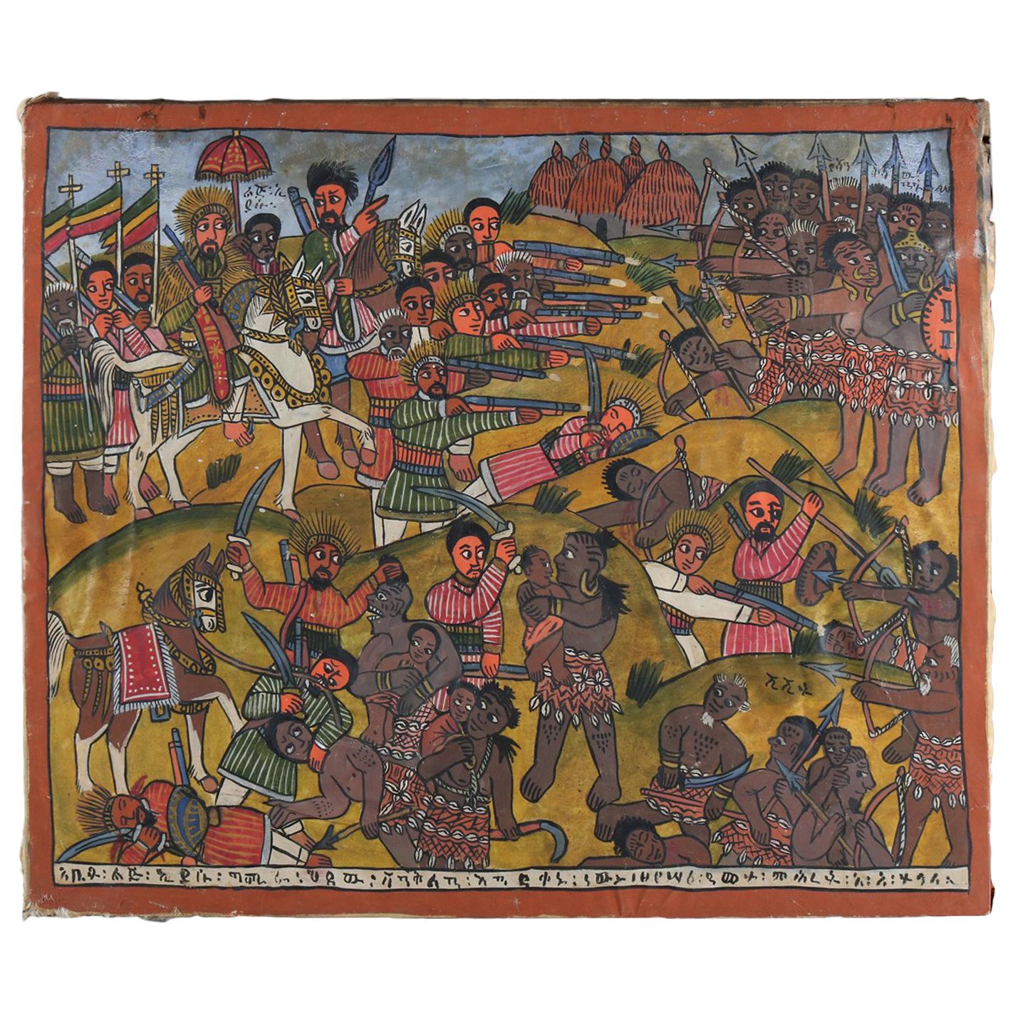African Tribal Folk Art Oil on Hide of Battle during European Crusades