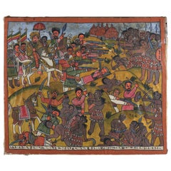 African Tribal Folk Art Oil on Hide of Battle during European Crusades