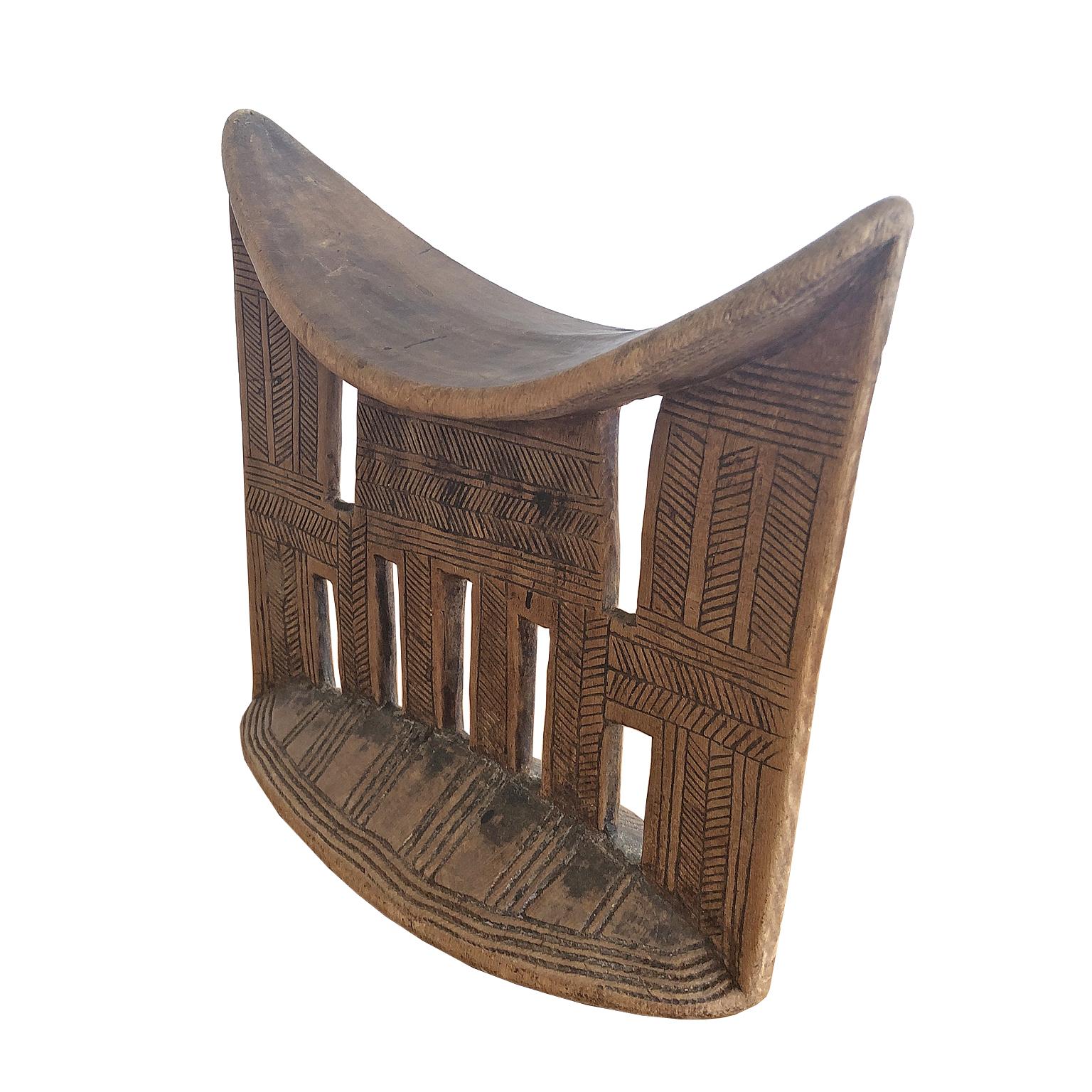 Hand-Carved African Tribal Headrest in Carved Wood from the Sidama People of Ethiopia