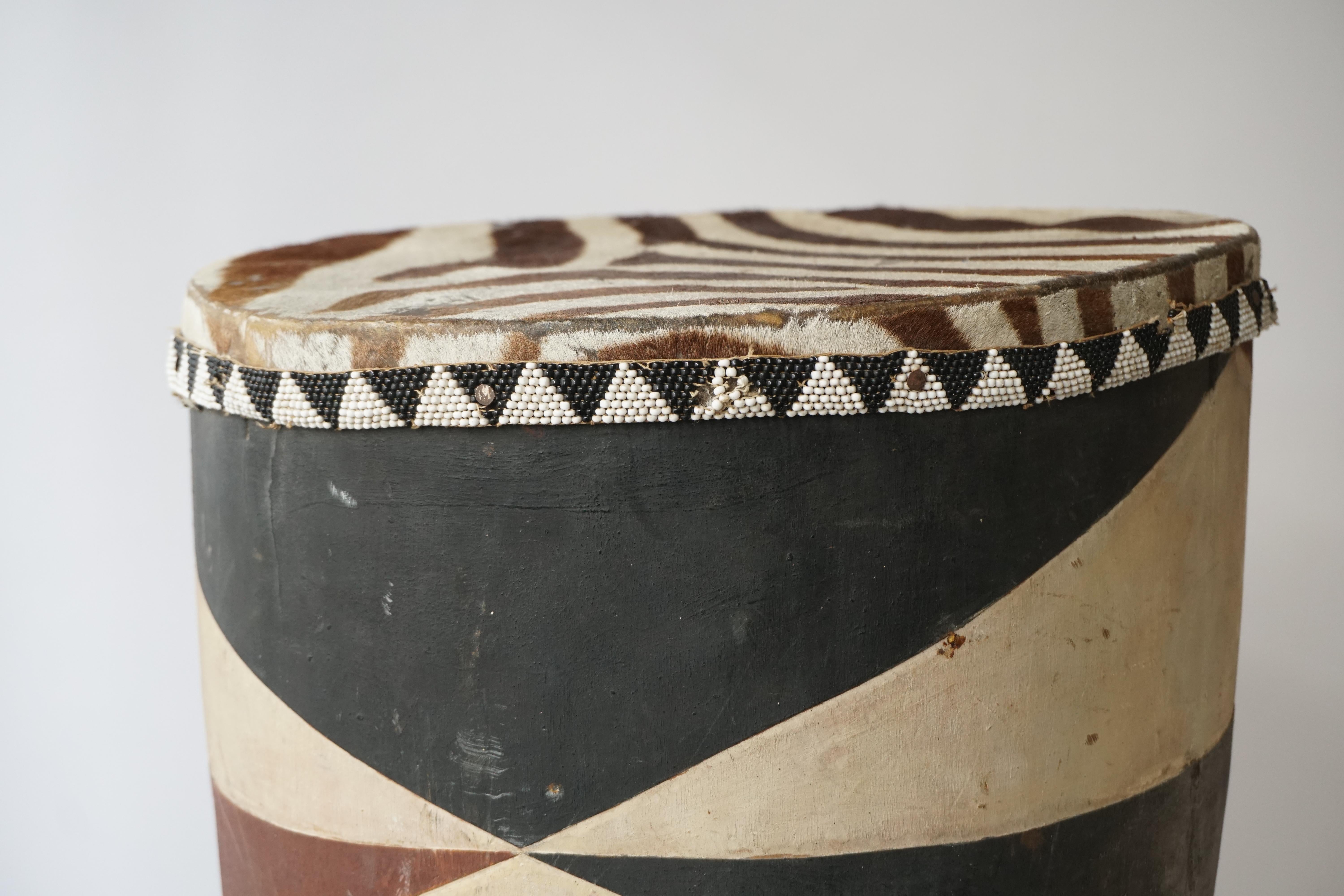 20th Century African Tribal Painted Hide Drum Table with Zebra Covering from Congo