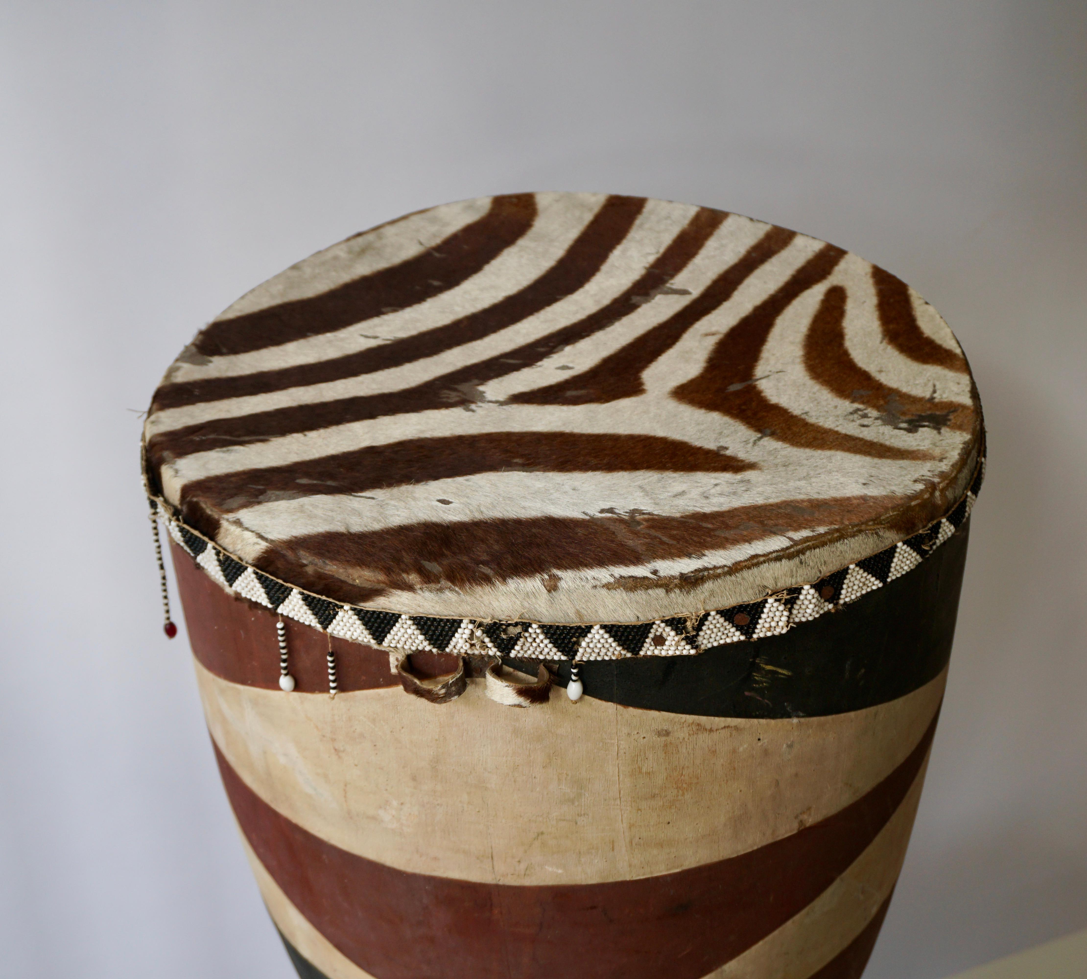Hand-Painted African Tribal Painted Hide Drum Table with Zebra Covering from Congo