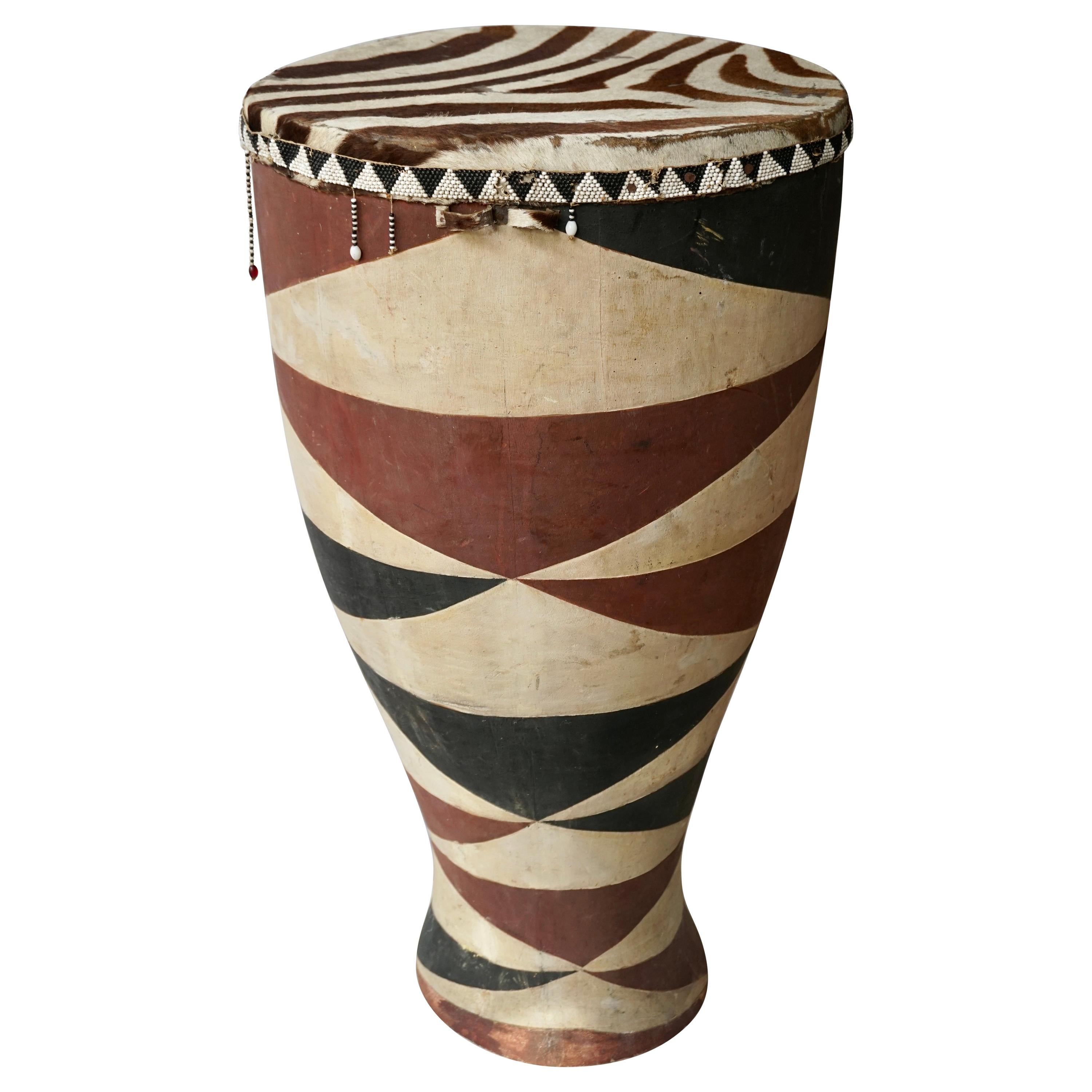 African Tribal Painted Hide Drum Table with Zebra Covering from Congo