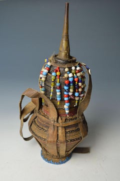 African Tribal  Basketry Container with Ancient Trade Beads Interior Design