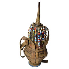 African Tribal  Basketry Container with Ancient Trade Beads Interior Design 
