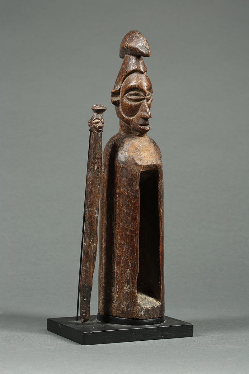 Congolese Early African Tribal Yaka Wood Slit Drum with Striker, DRC Congo Fine Face
