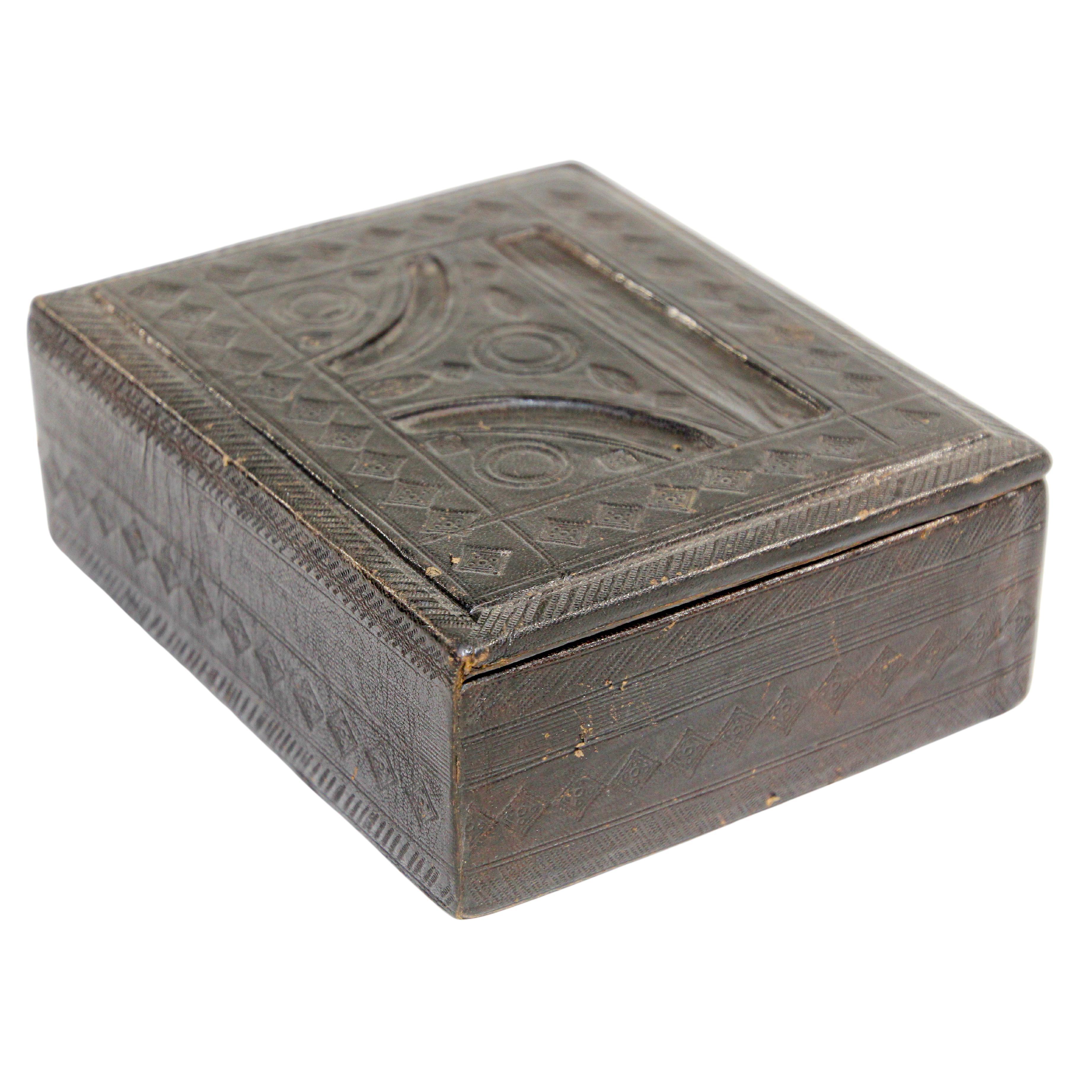 African Tuareg Hand-Tooled Black Leather Box For Sale