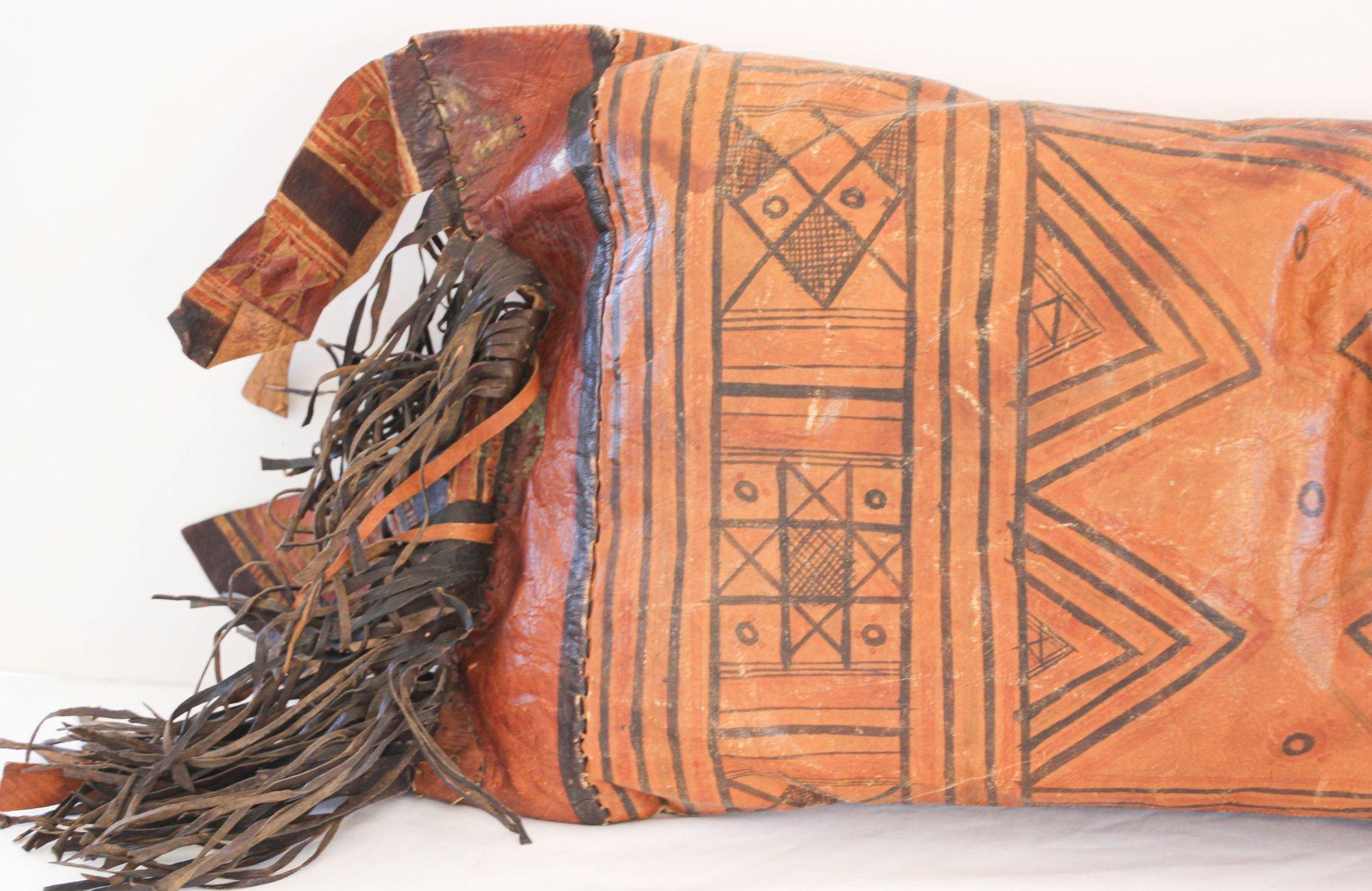 African Tuareg Hand-Tooled Leather Pillow with Fringes For Sale 6
