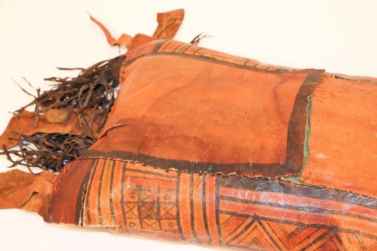 Hand-Crafted African Tuareg Hand-Tooled Leather Pillow with Fringes For Sale