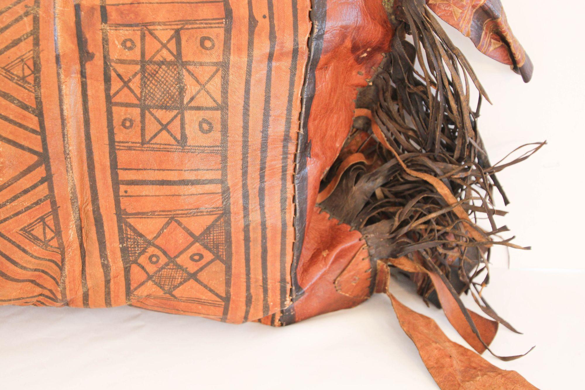 African Tuareg Hand-Tooled Leather Pillow with Fringes For Sale 1