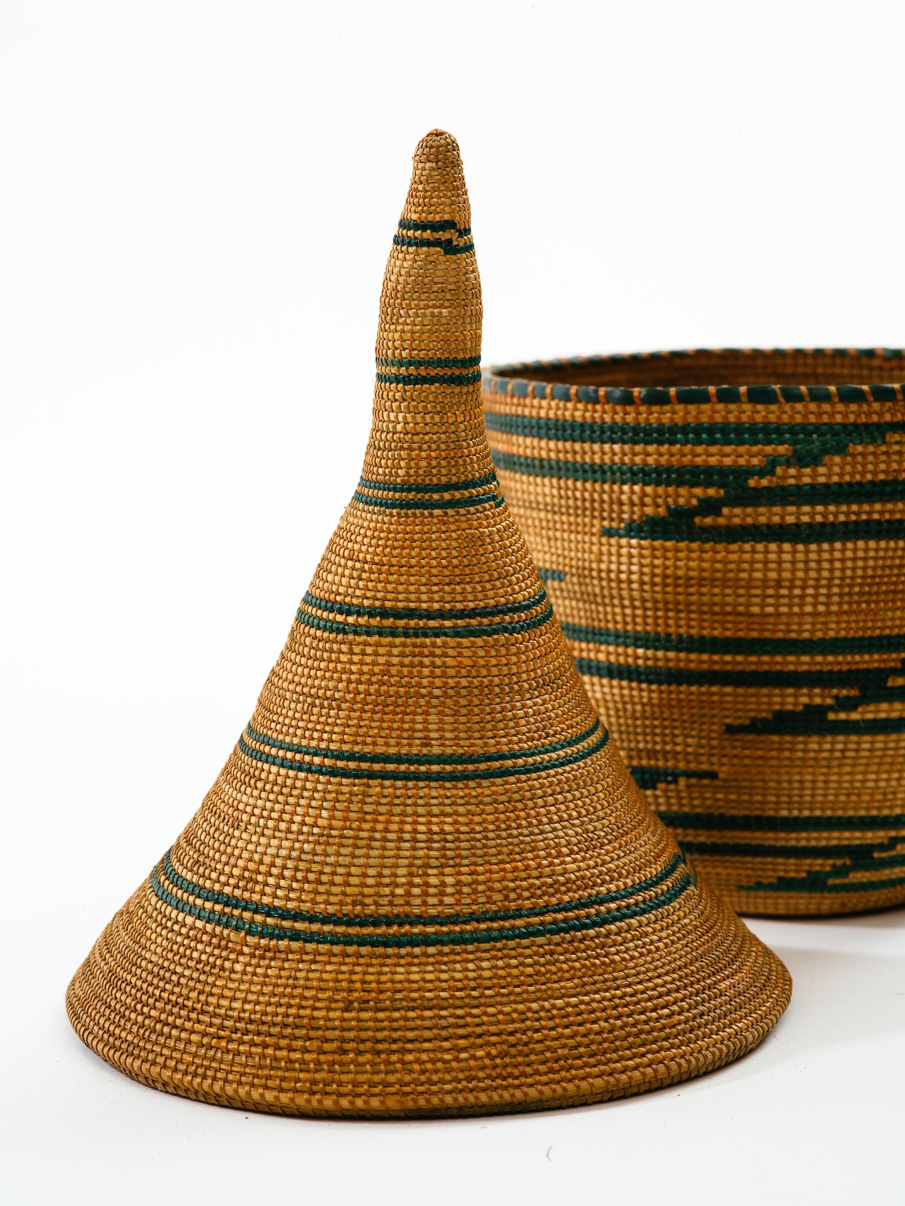 Tribal African Tutsi Agaseki Basket with Conical Lid