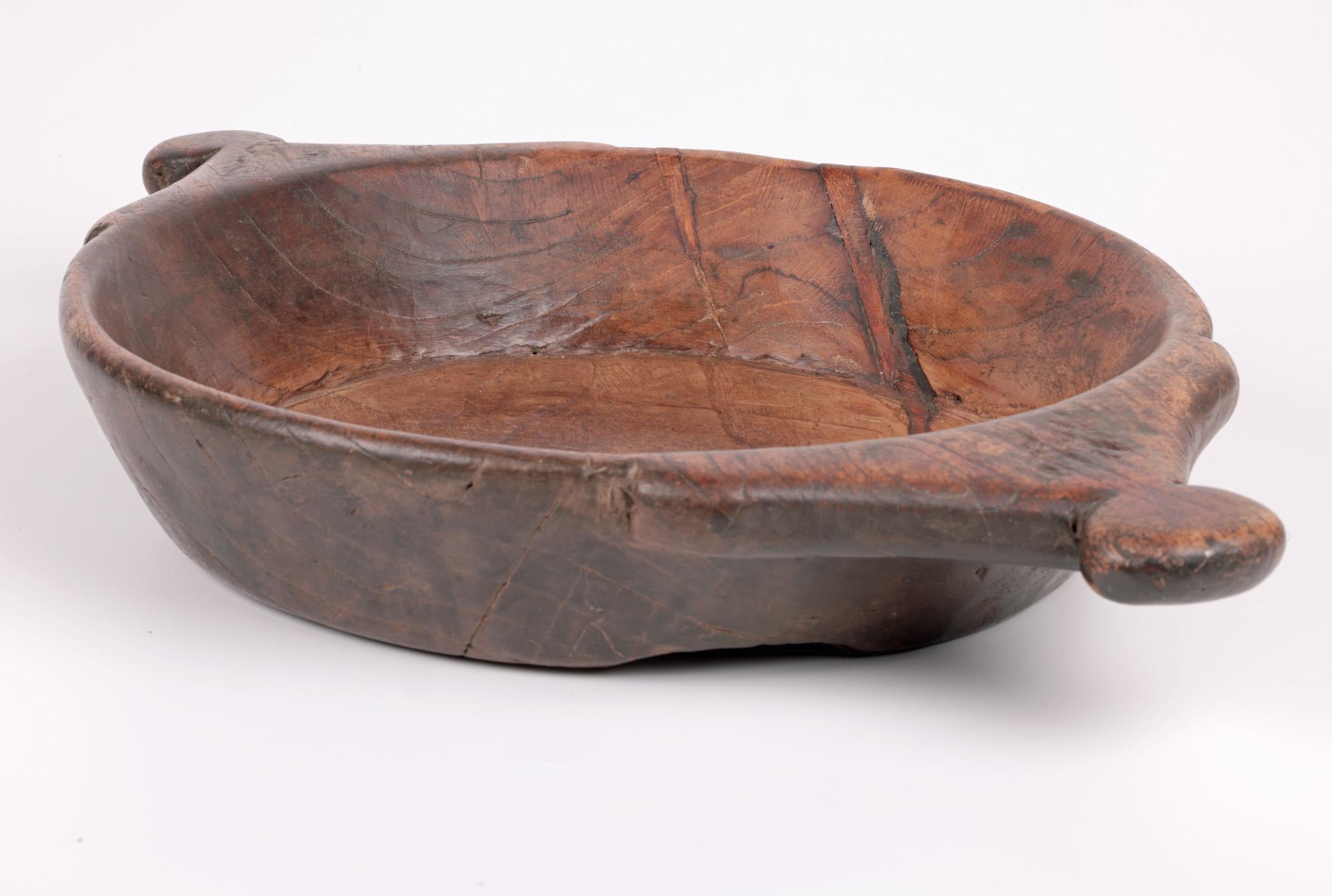 African Vintage Twin Handled Hand Carved Wooden Bowl For Sale 4