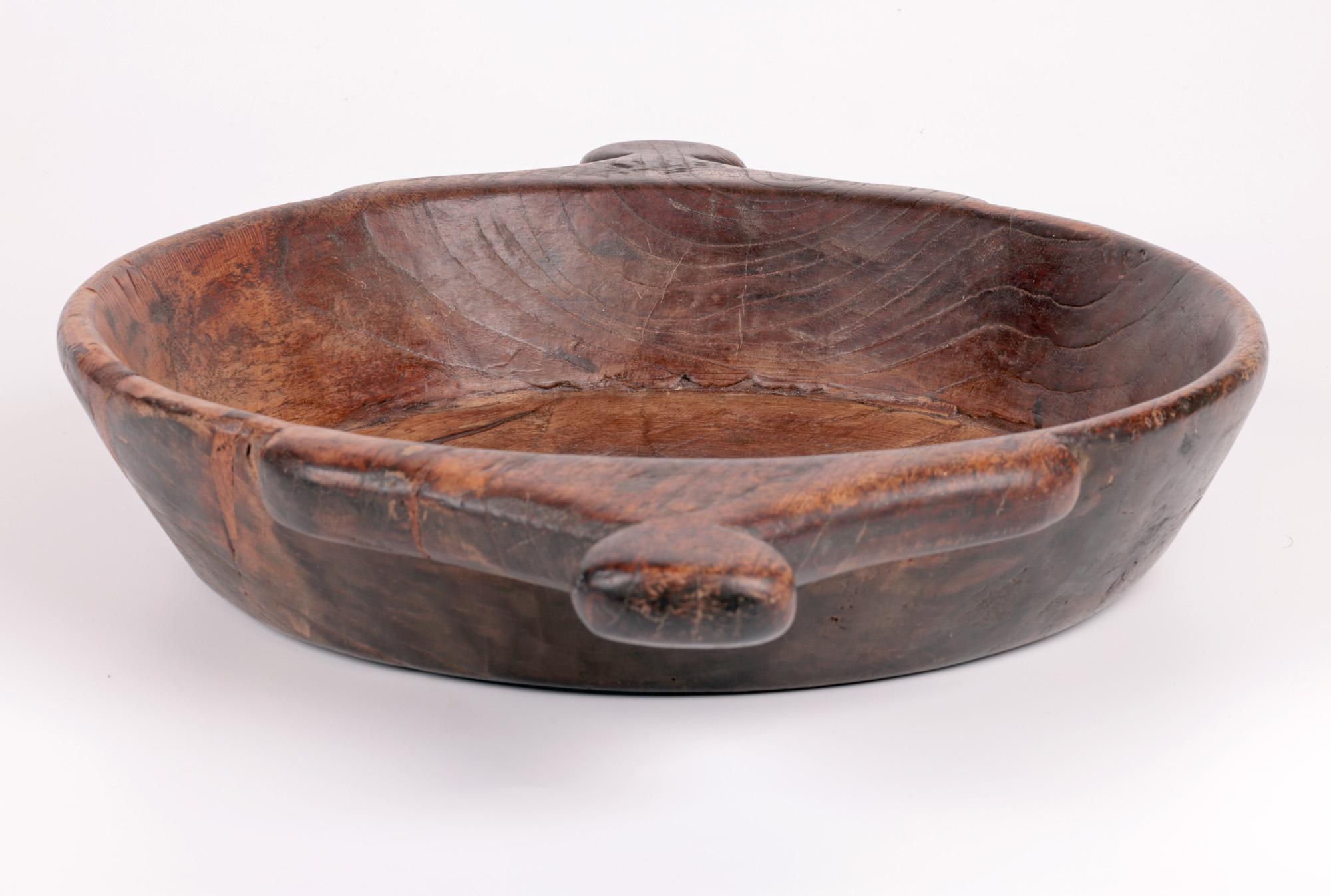 African Vintage Twin Handled Hand Carved Wooden Bowl For Sale 8