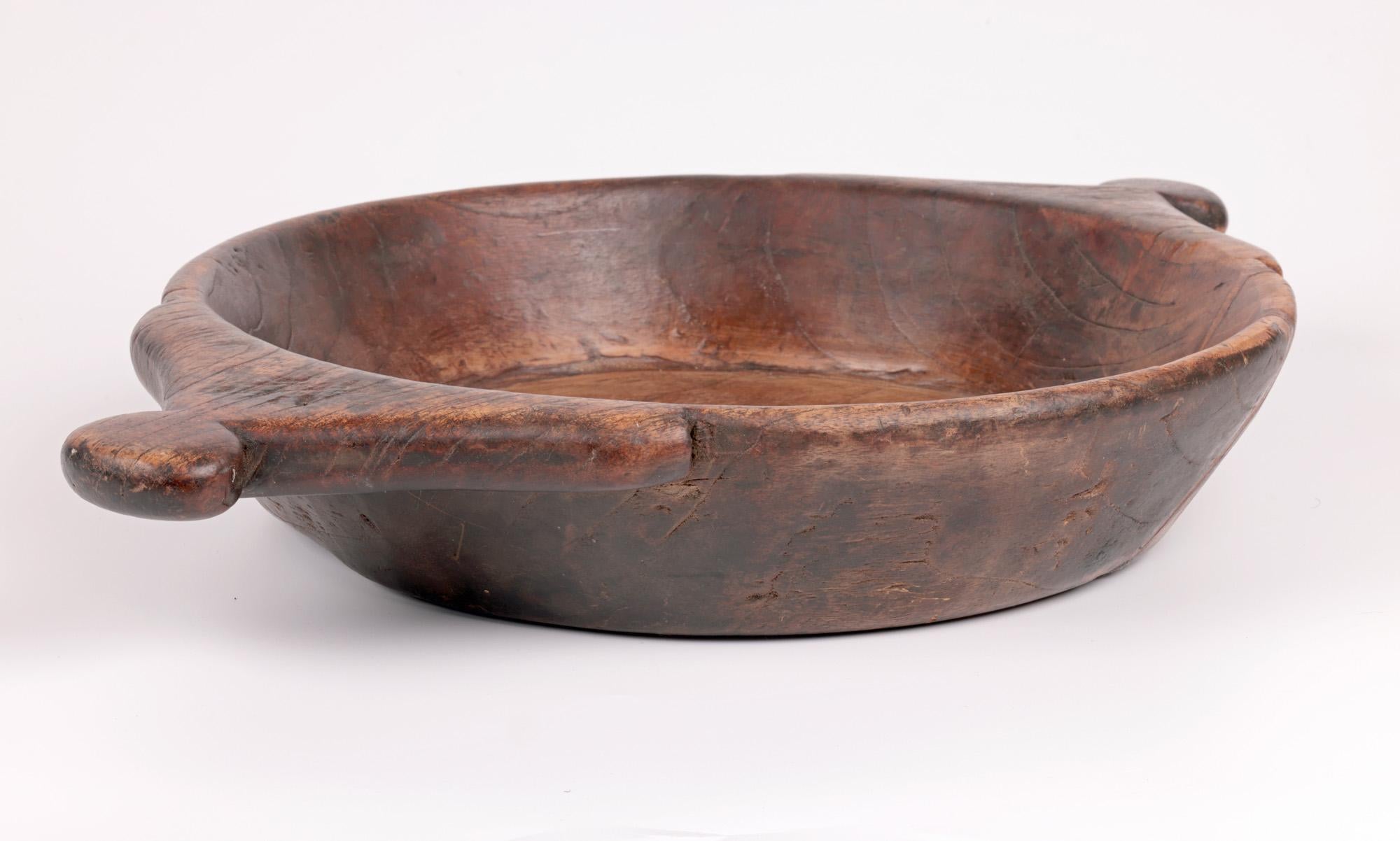 African Vintage Twin Handled Hand Carved Wooden Bowl For Sale 9