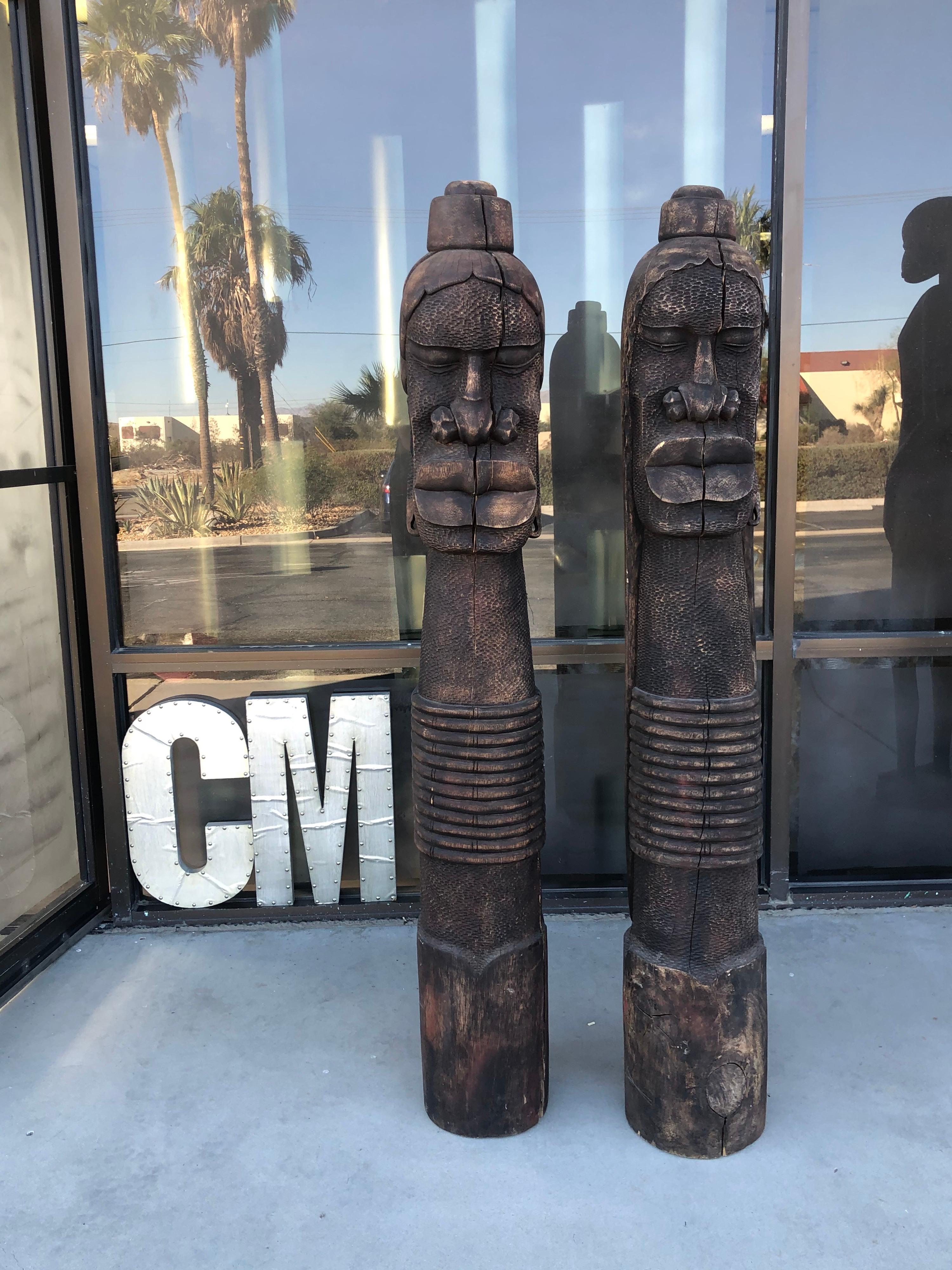 Primitive African Vintage Wood Statues Masai Tribe Man & Woman from William Holden Estate