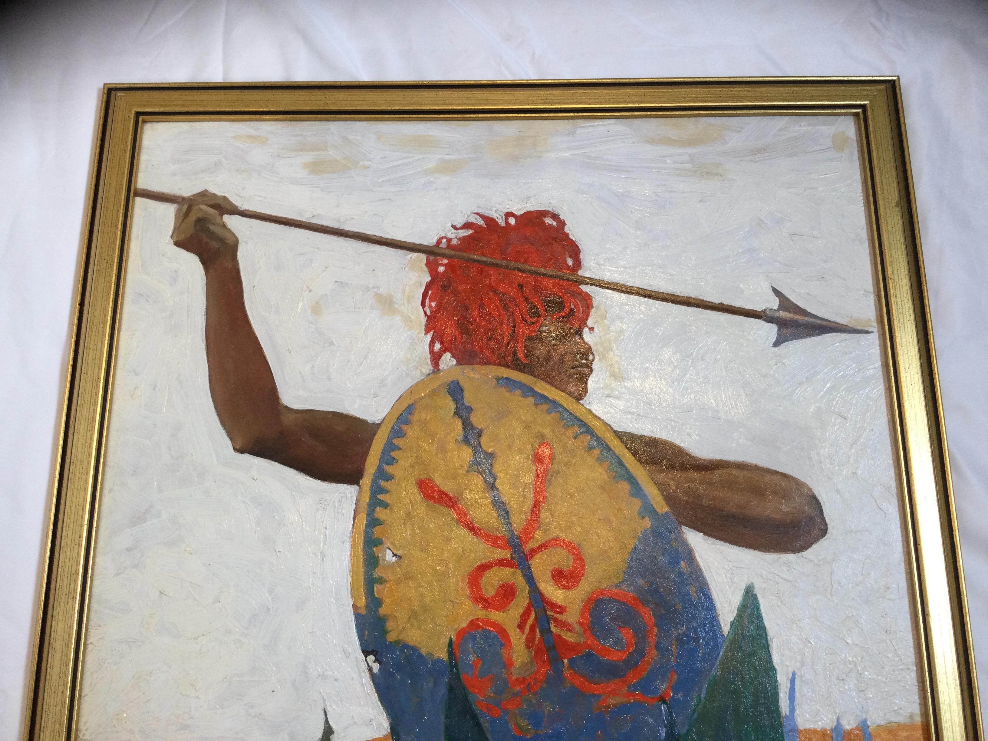 African Warrior by Charles Hargens Oil Painting on Board In Good Condition For Sale In Lambertville, NJ