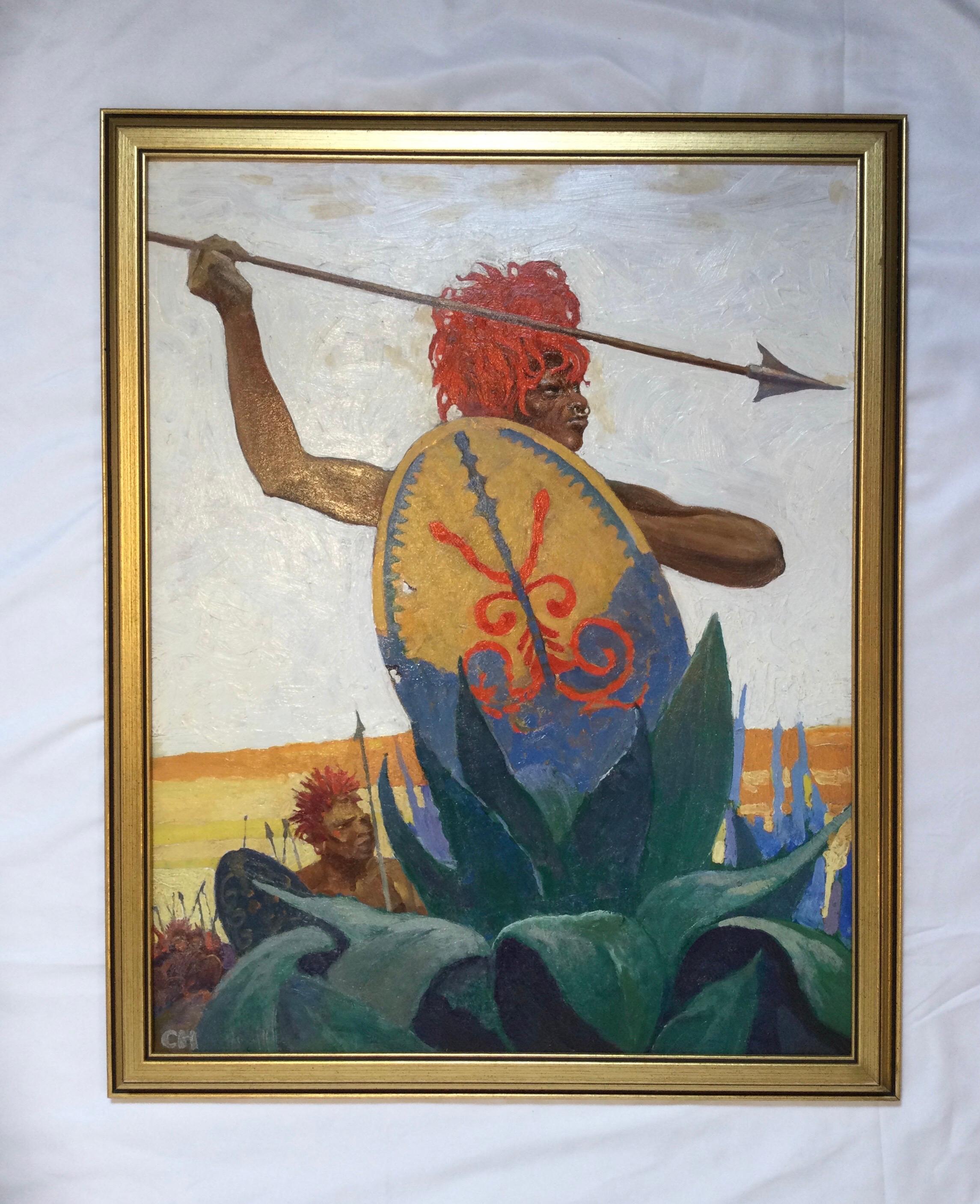 African Warrior by Charles Hargens Oil Painting on Board For Sale 3