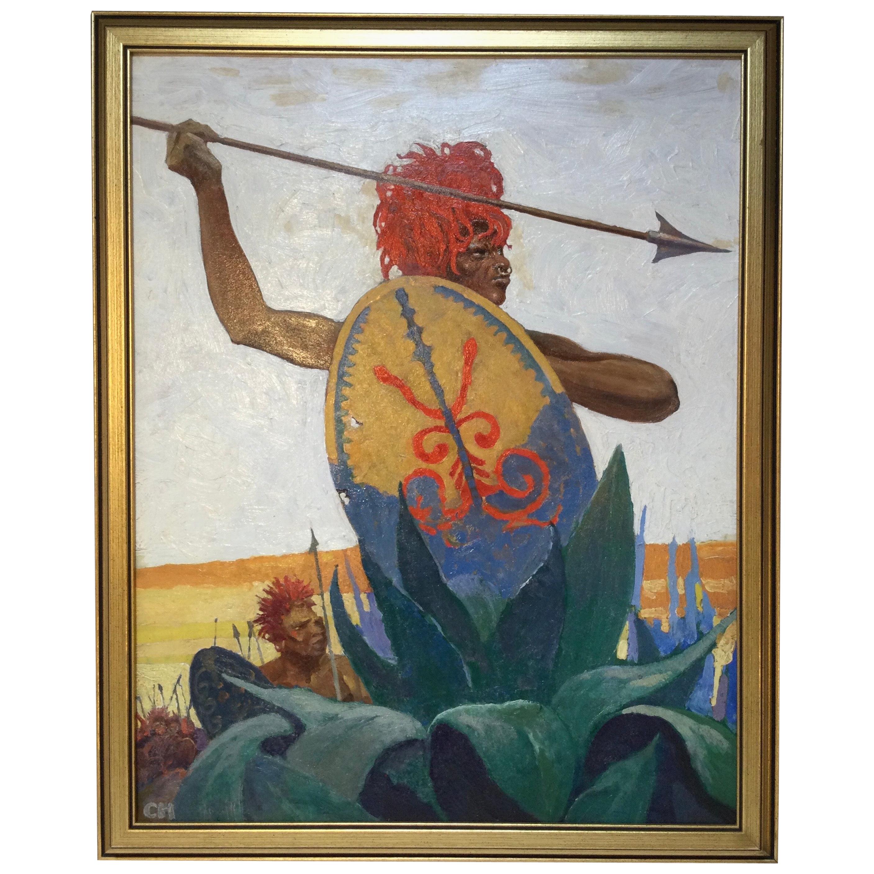 African Warrior by Charles Hargens Oil Painting on Board For Sale