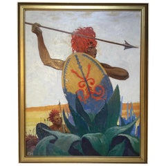 Vintage African Warrior by Charles Hargens Oil Painting on Board