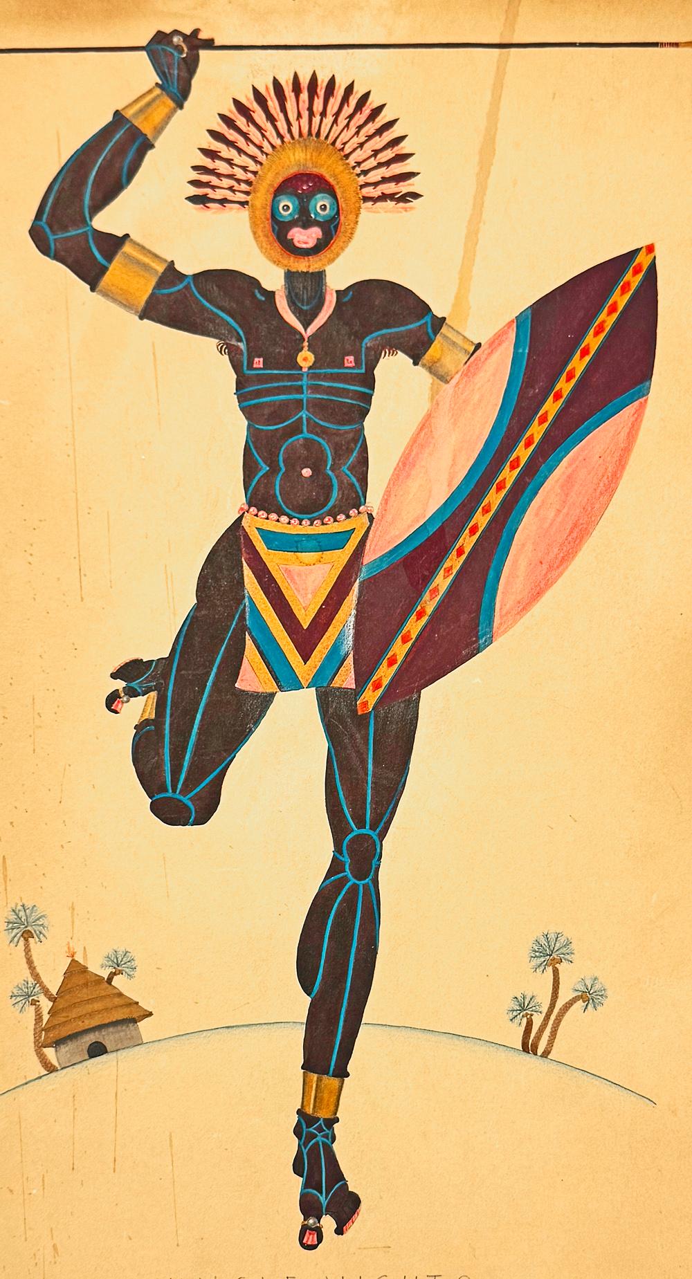 Important both artistically and historically, this gouache painting depicting an African warrior with spear and shield served as a costume proposal for 